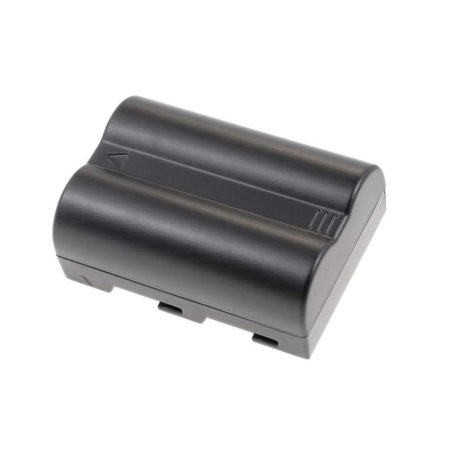 Una batería rectangular negra con una parte superior curvada y una superficie acanalada.