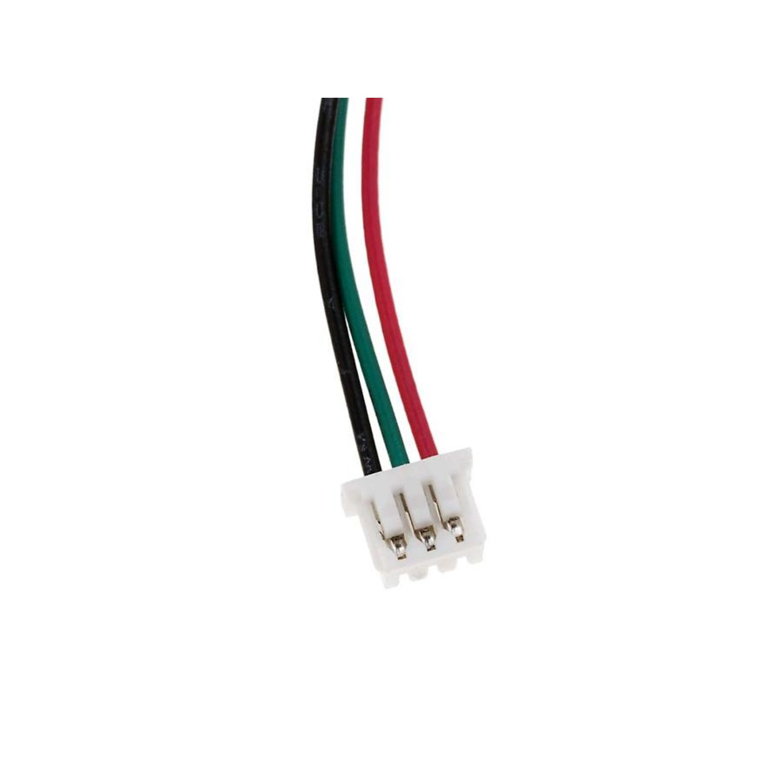 Primer plano de un conector blanco con tres cables.