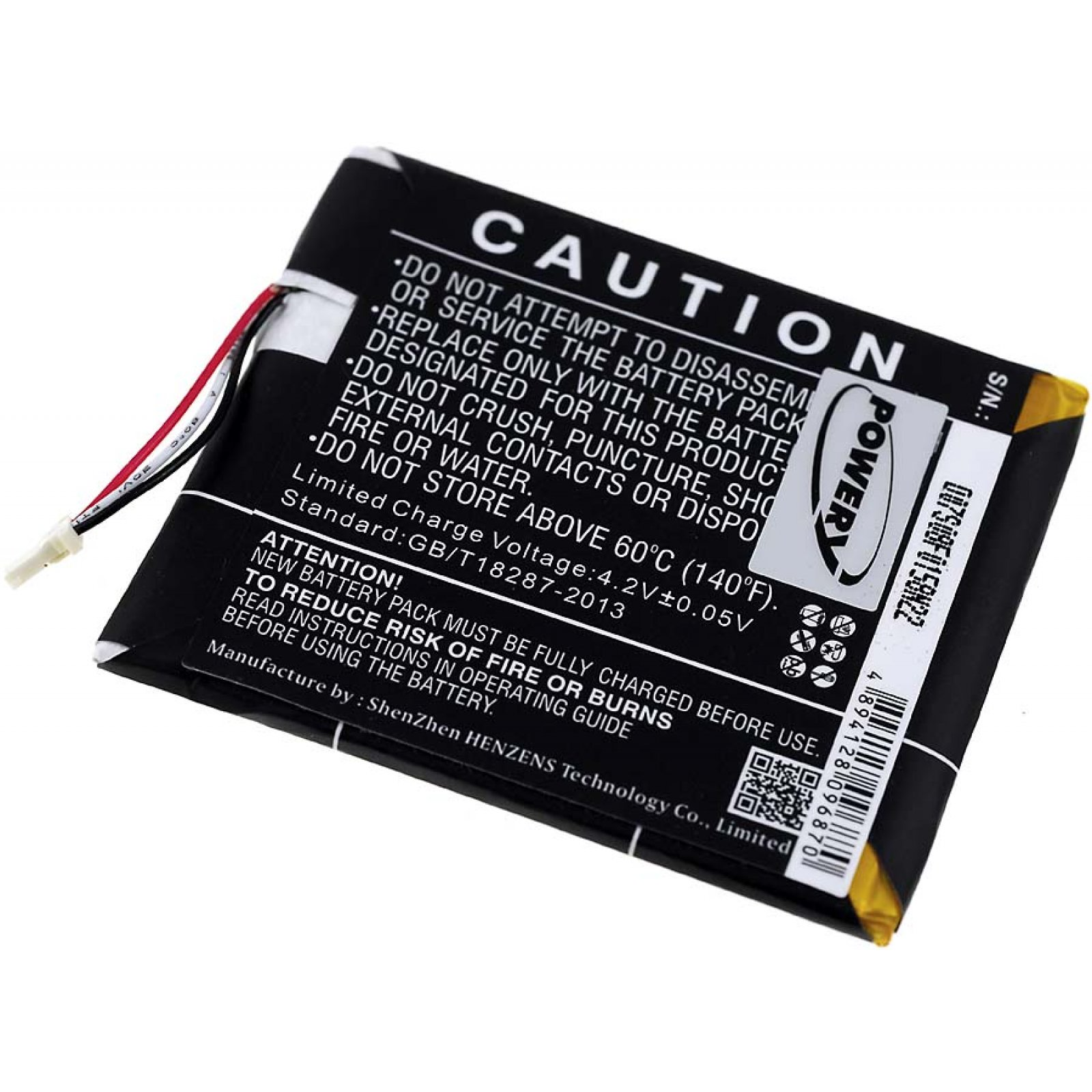 Un paquete de baterías en blanco y negro con texto de precaución y una etiqueta blanca.