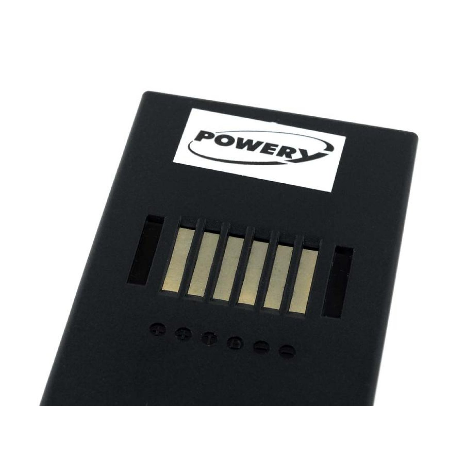 Batería negra con etiqueta 'Powery'. Ranuras grises al lado. Fondo blanco.