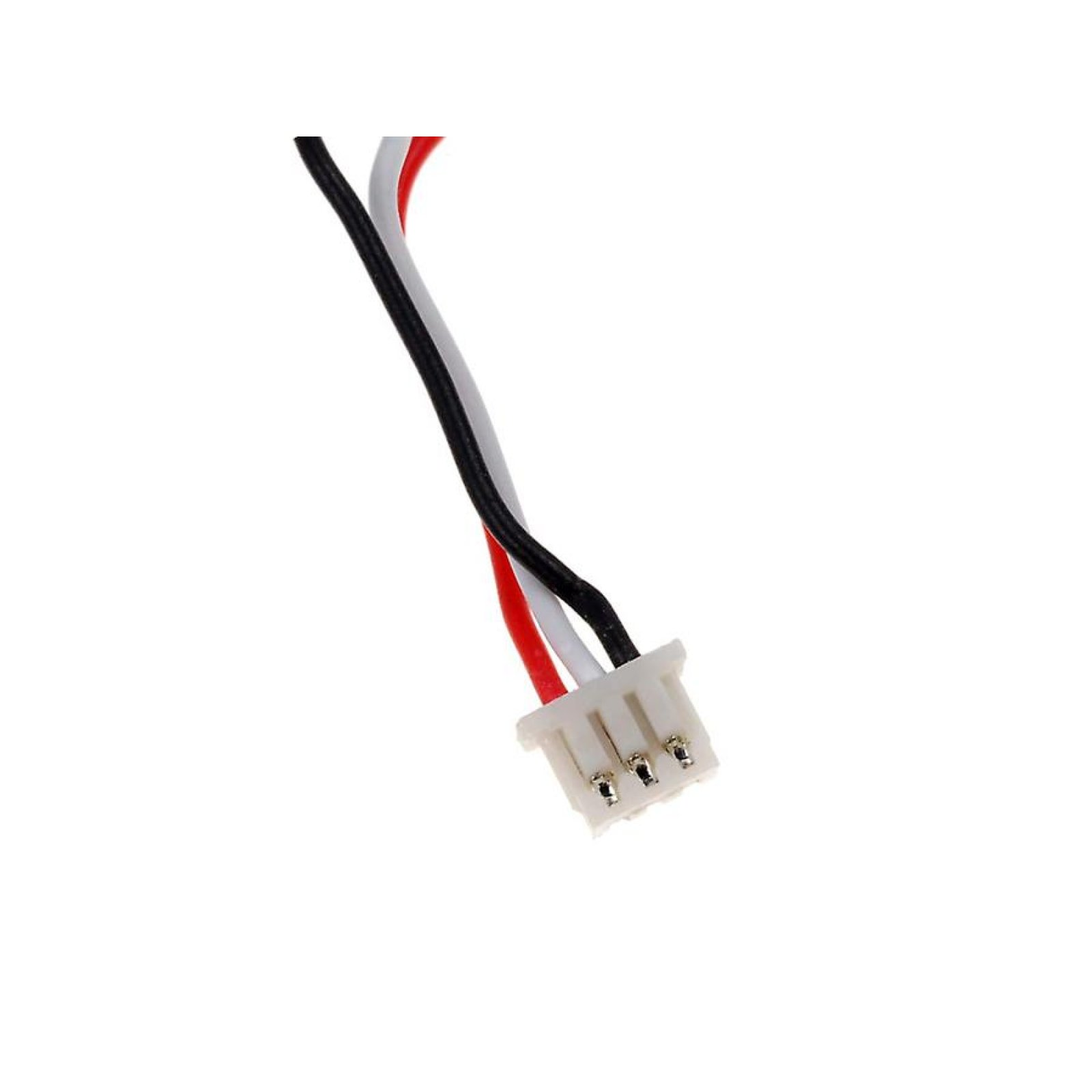 Primer plano de un conector con tres cables: rojo, blanco y negro.