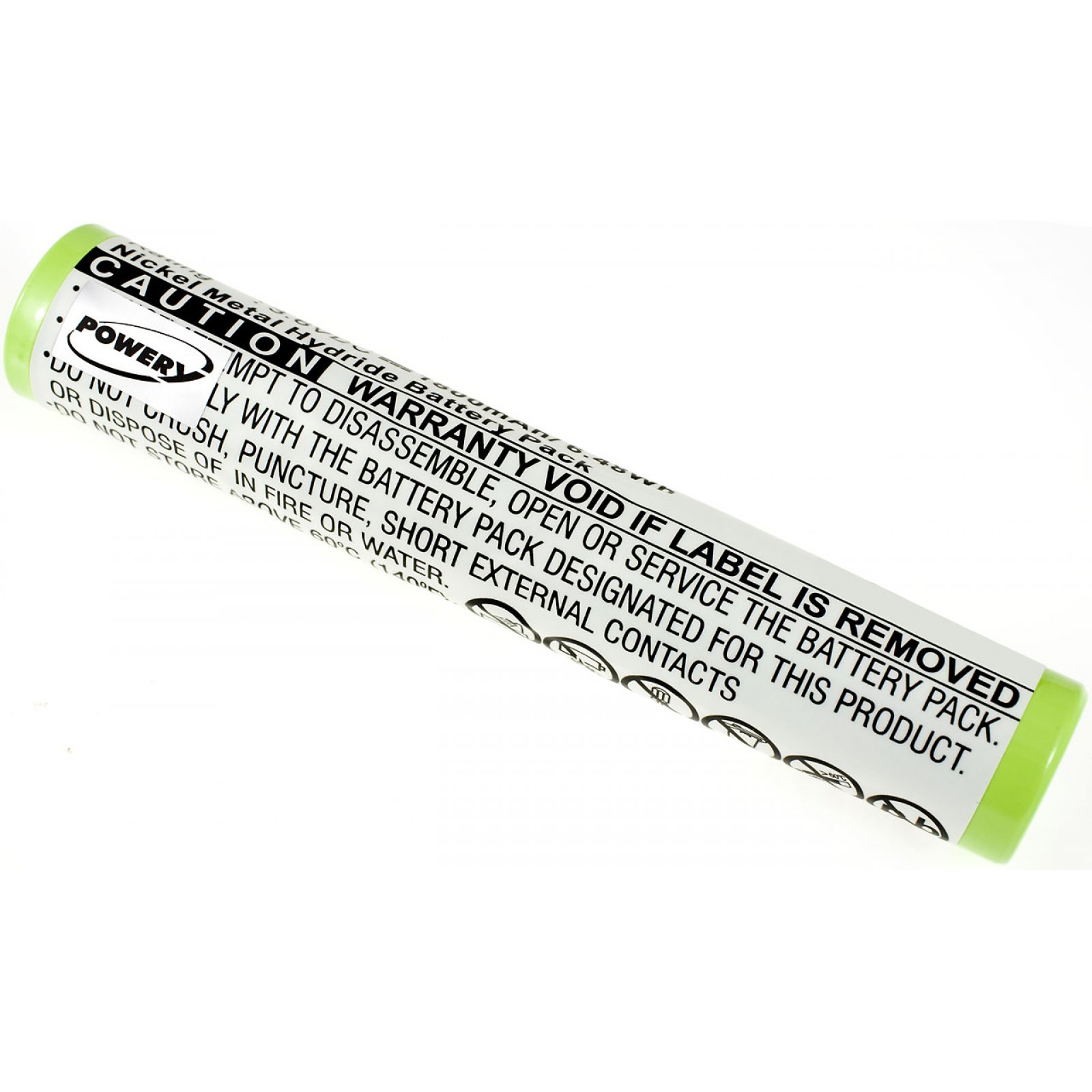 Batería cilíndrica verde con texto blanco. Extremos verdes. Fondo blanco.