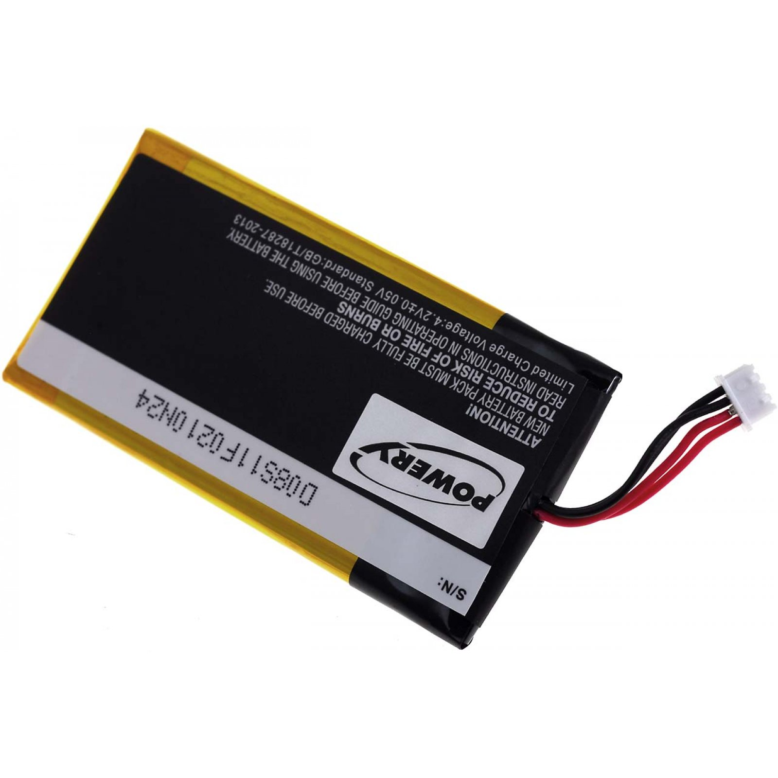 Paquete de baterías con etiqueta. Negro y amarillo con texto y un conector con cables rojo, negro y blanco.