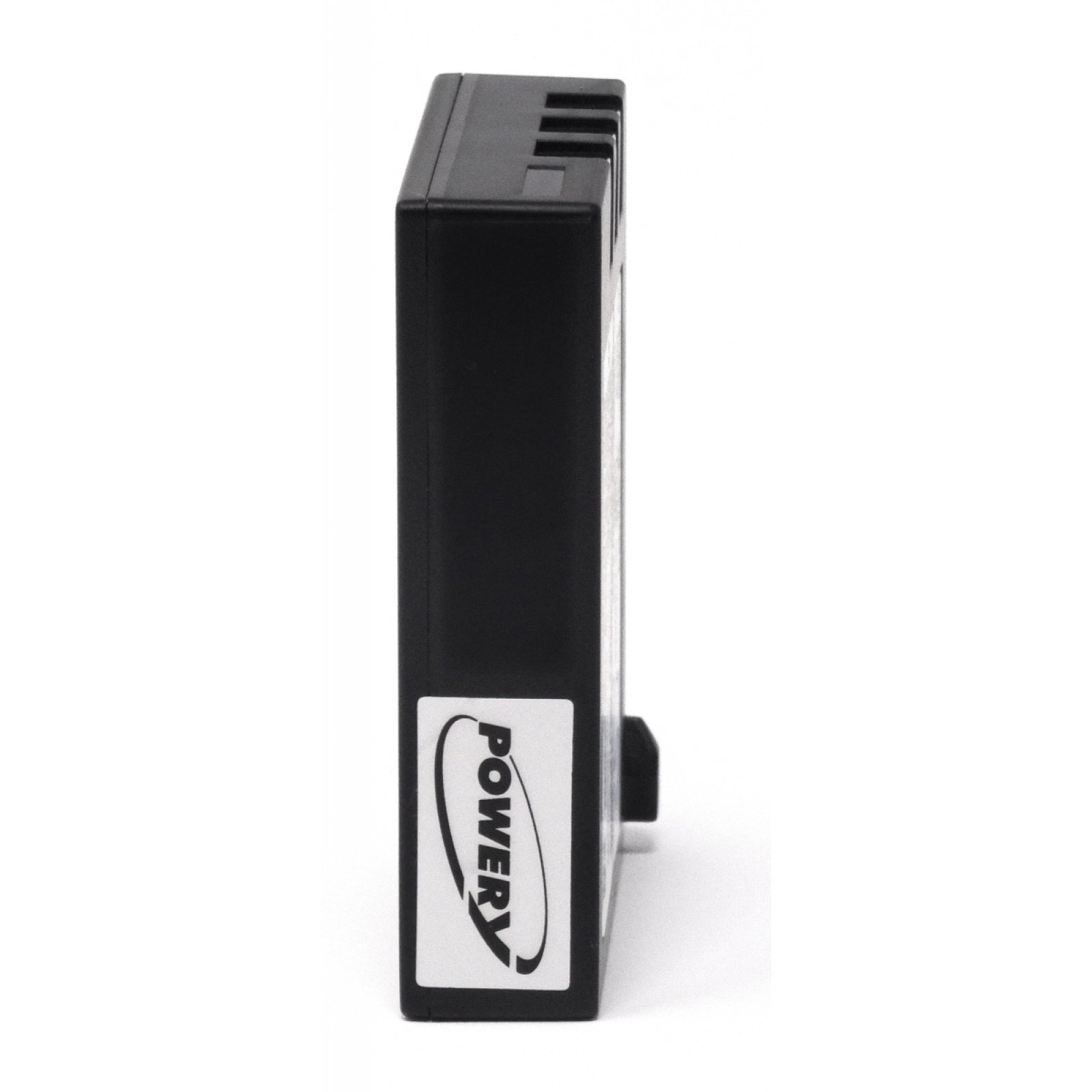 Dispositivo rectangular negro con etiqueta blanca 'Powery' en su lado.