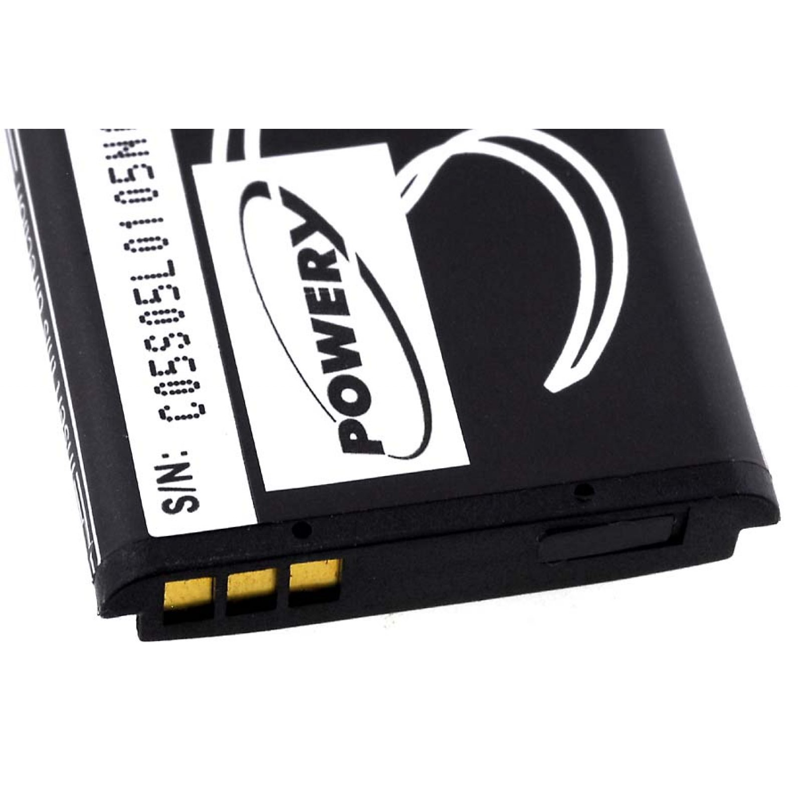 Batería negra con logo 'Powery'. Conectores dorados visibles. Fondo blanco.