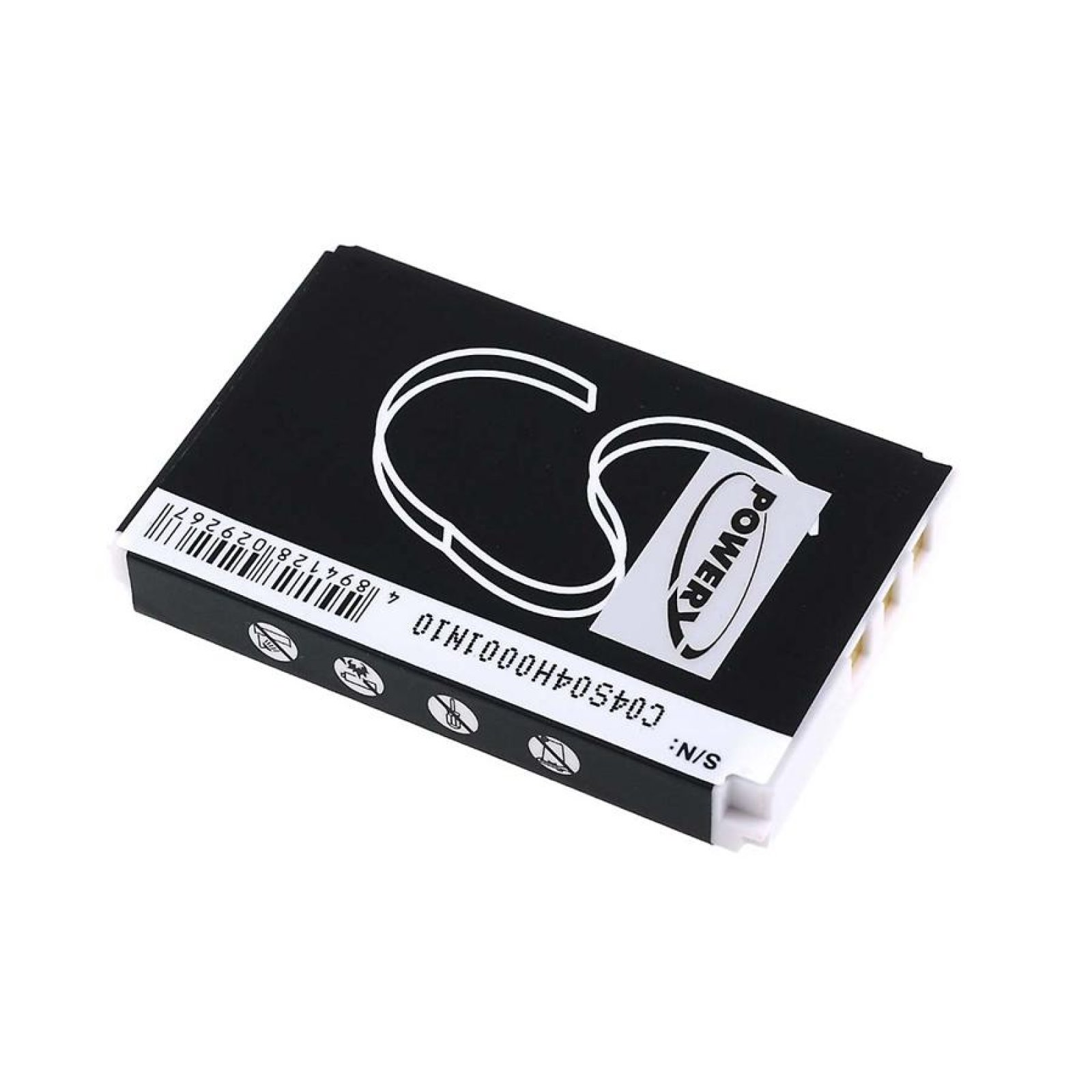 Batería negra con etiqueta Powery blanca y contorno blanco. La batería tiene un código de barras.