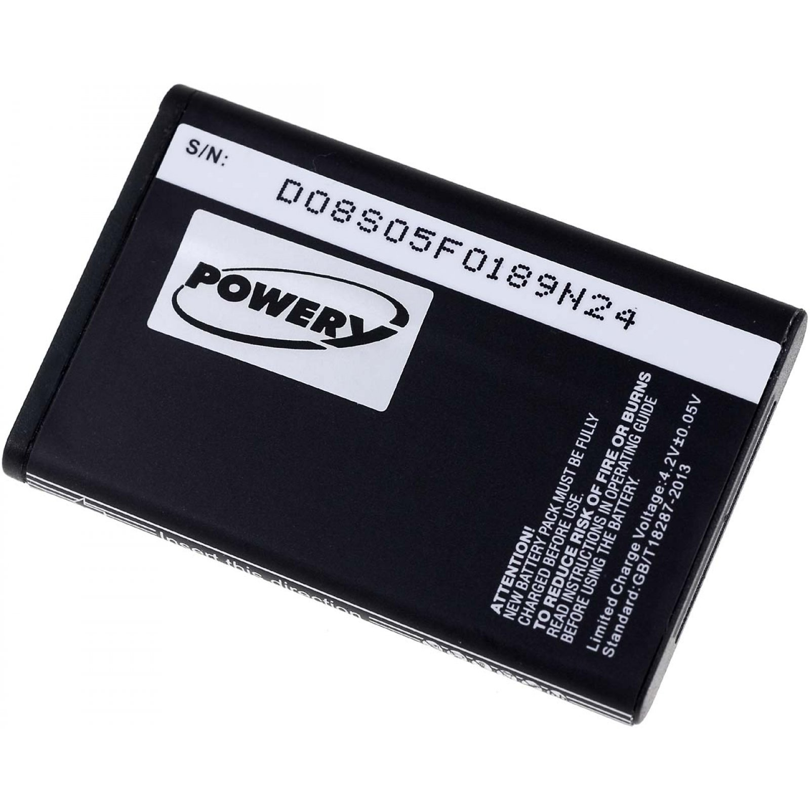 Batería negra con texto blanco y logotipo. Etiqueta con 'Precaución', advertencias de seguridad y código QR.