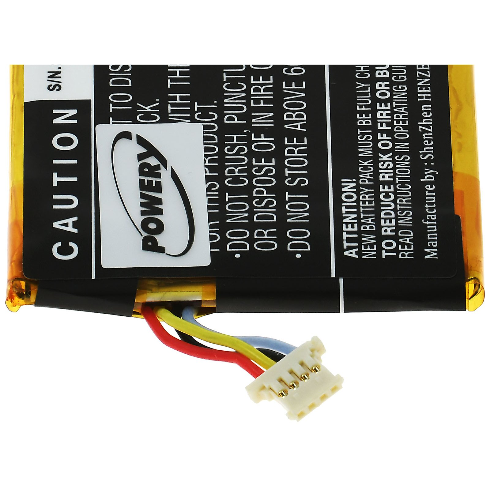 Primer plano de una batería con conector blanco y etiqueta con texto.