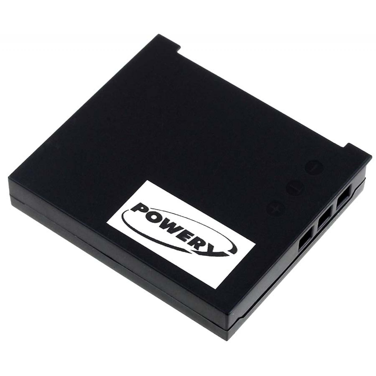Batería negra con etiqueta blanca Power. Rectangular con bordes redondeados y un logo.