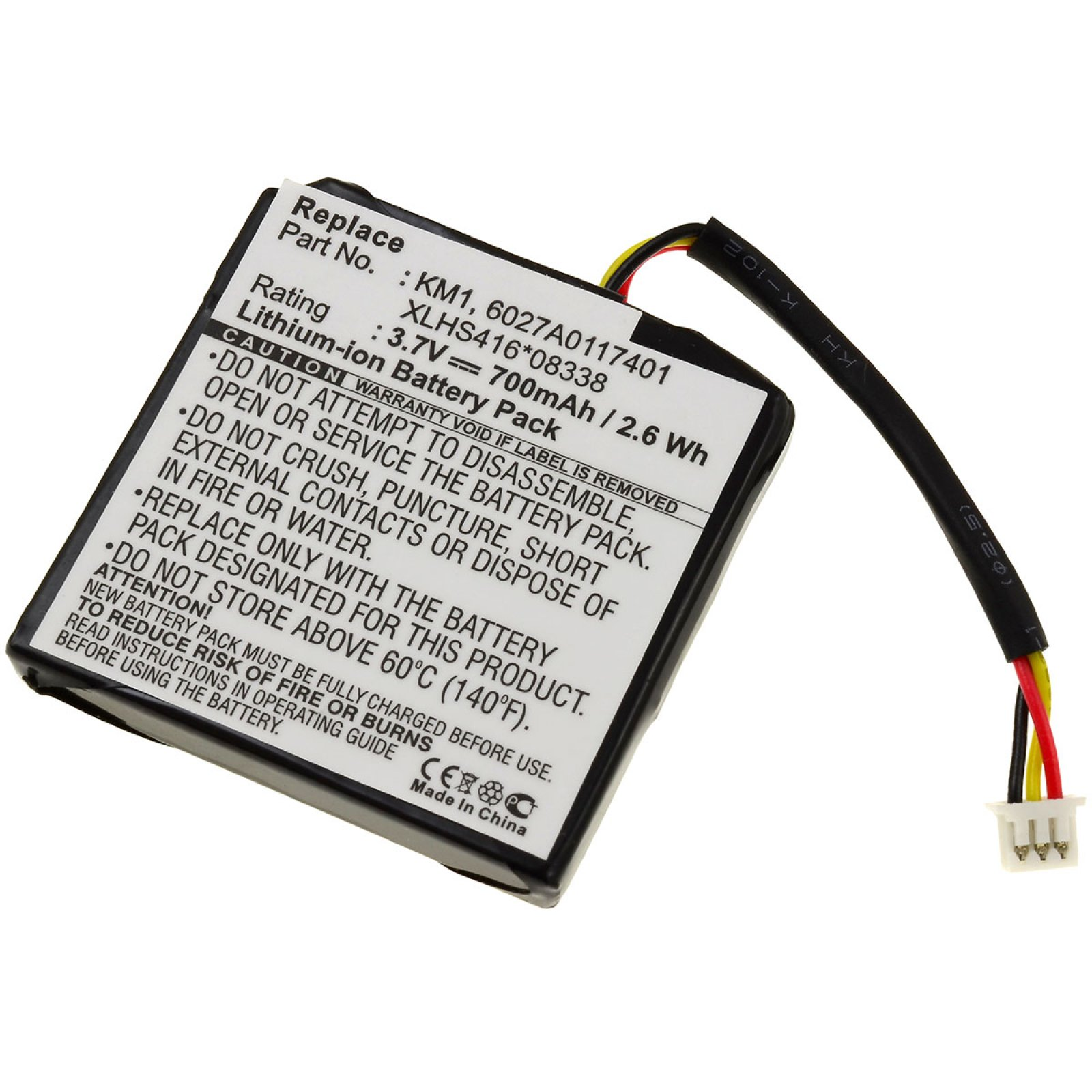 Batería de iones de litio con advertencias, etiqueta y cables conectados.