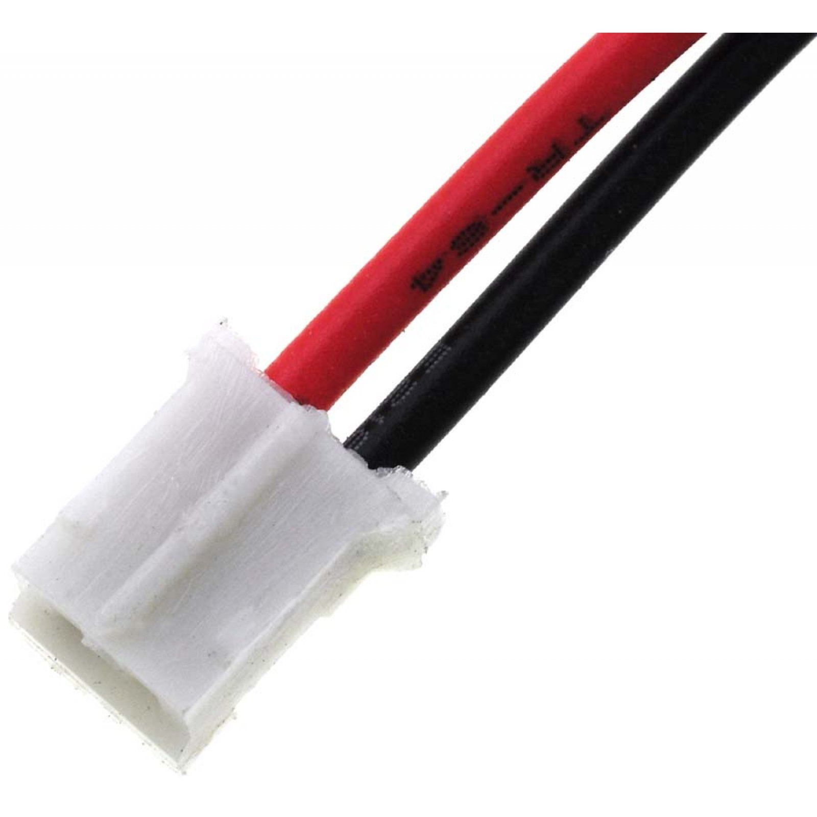Un conector de plástico blanco con dos cables, rojo y negro, que salen de él.