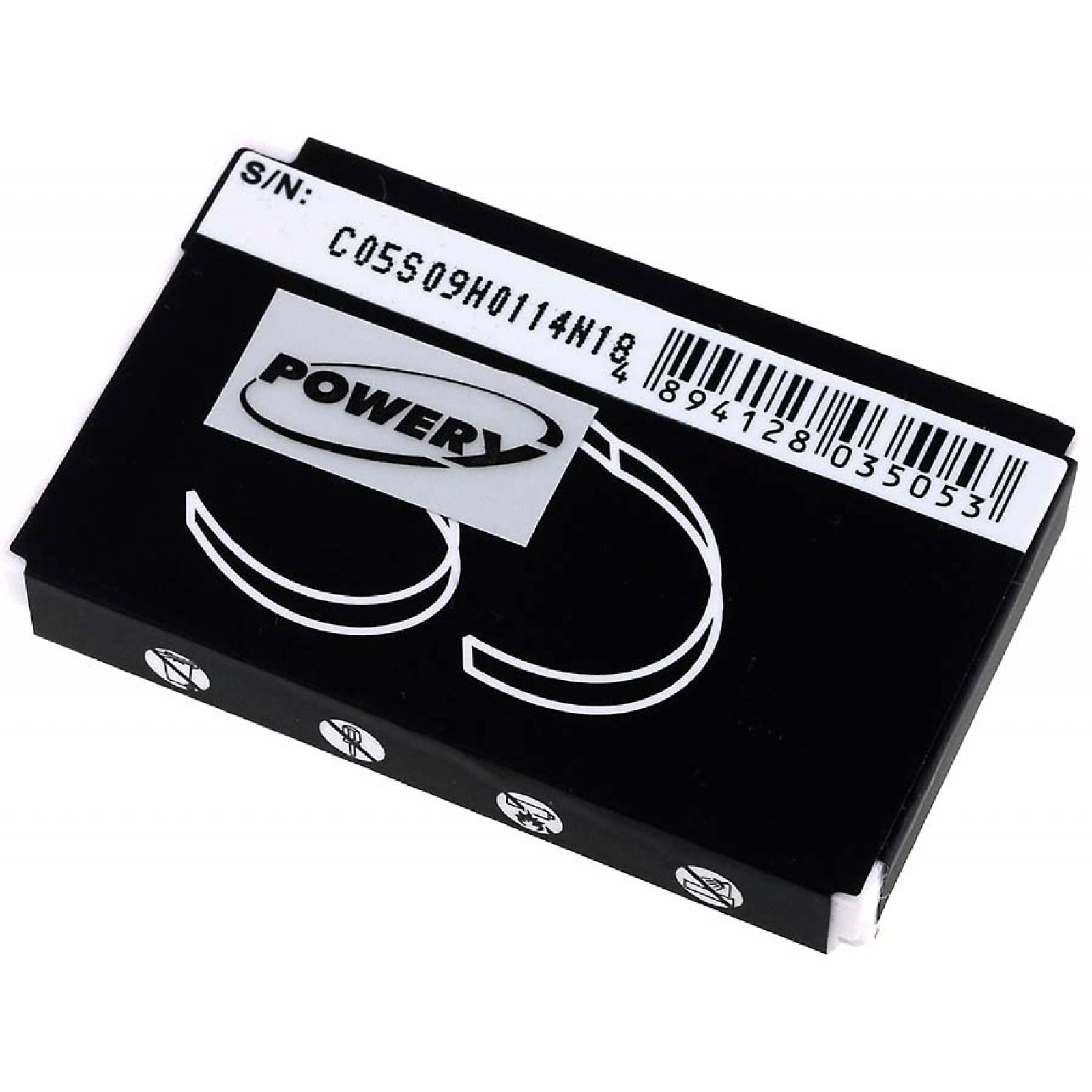 Paquete de baterías negro con logotipo blanco Power y símbolos de precaución.