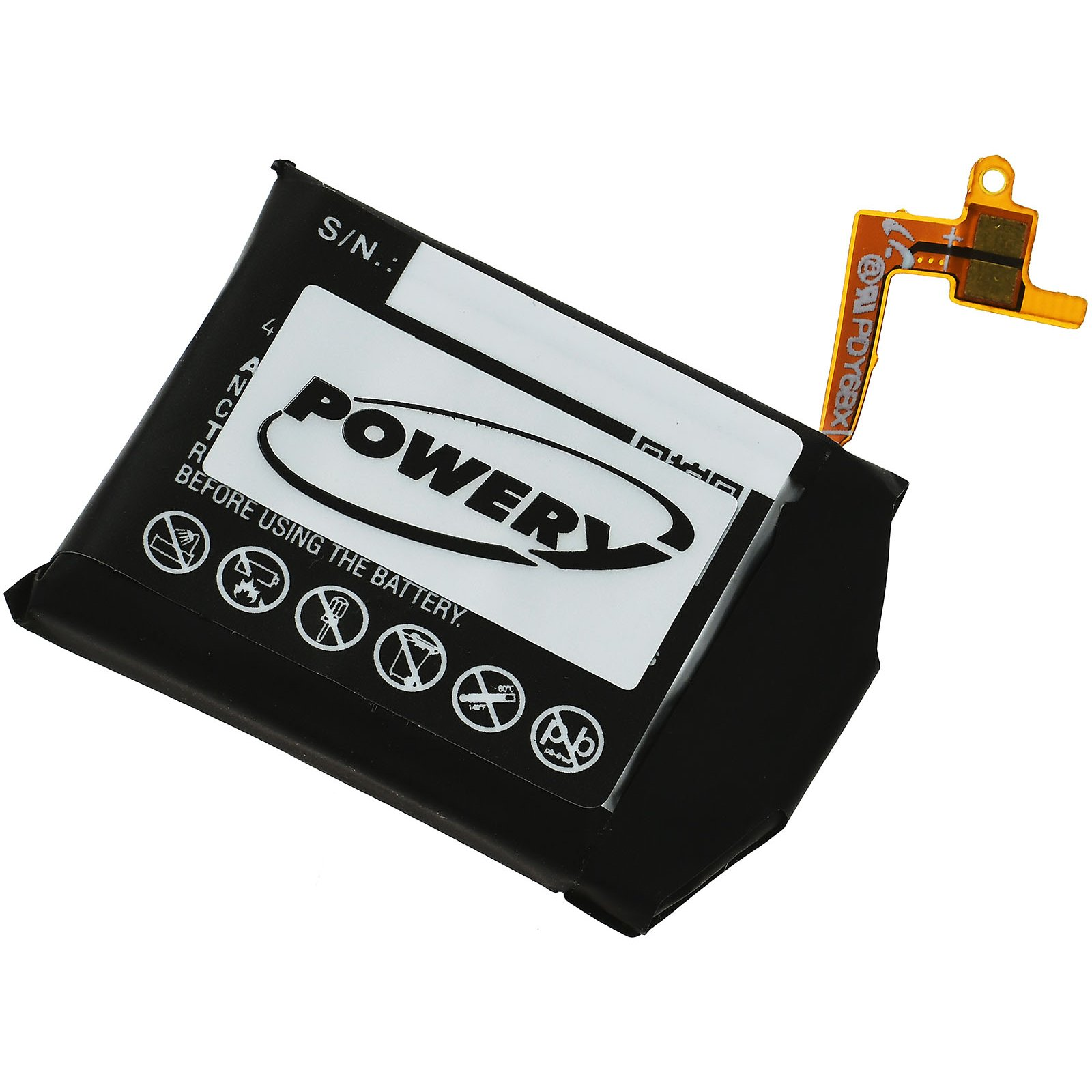 Batería rectangular negra en posición inclinada. Etiqueta blanca con "POWERY" y advertencias.