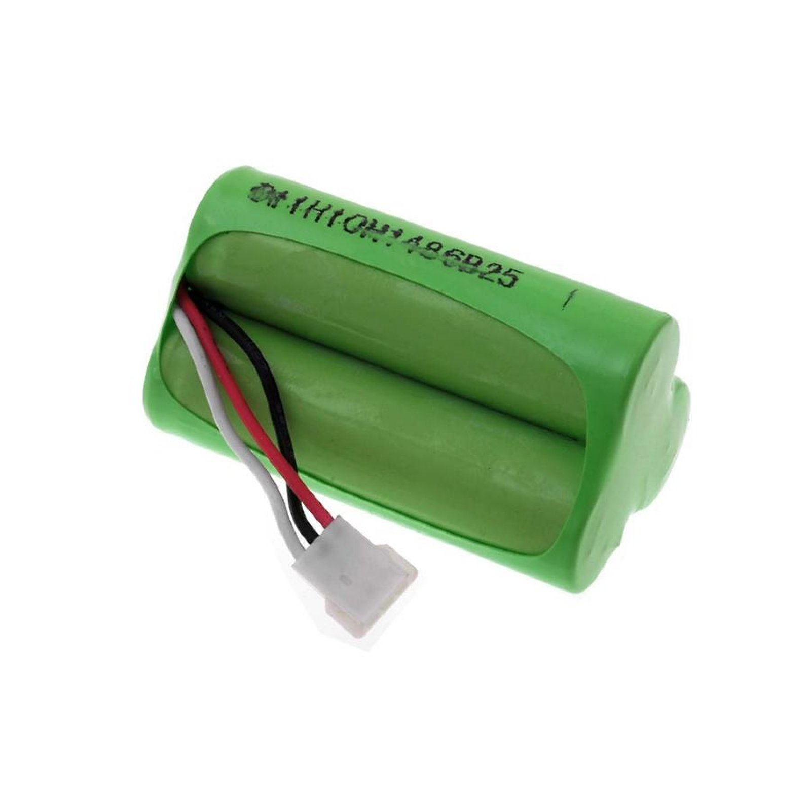 Paquete de batería verde con dos celdas y cables. Conector blanco al final. Fondo blanco.