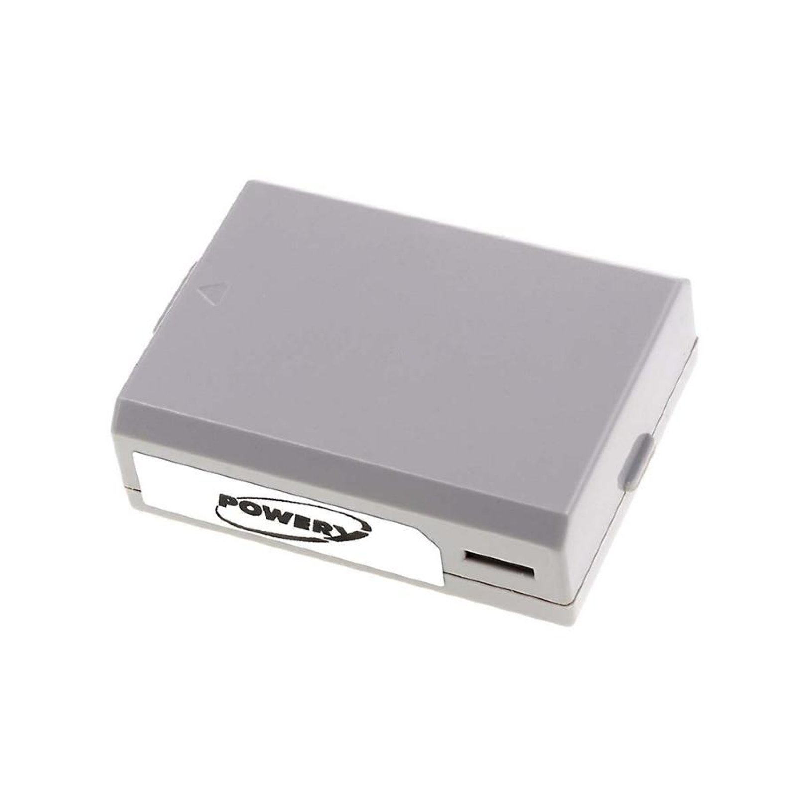 Una batería de cámara rectangular gris con una etiqueta blanca. Tiene la palabra "POWER".