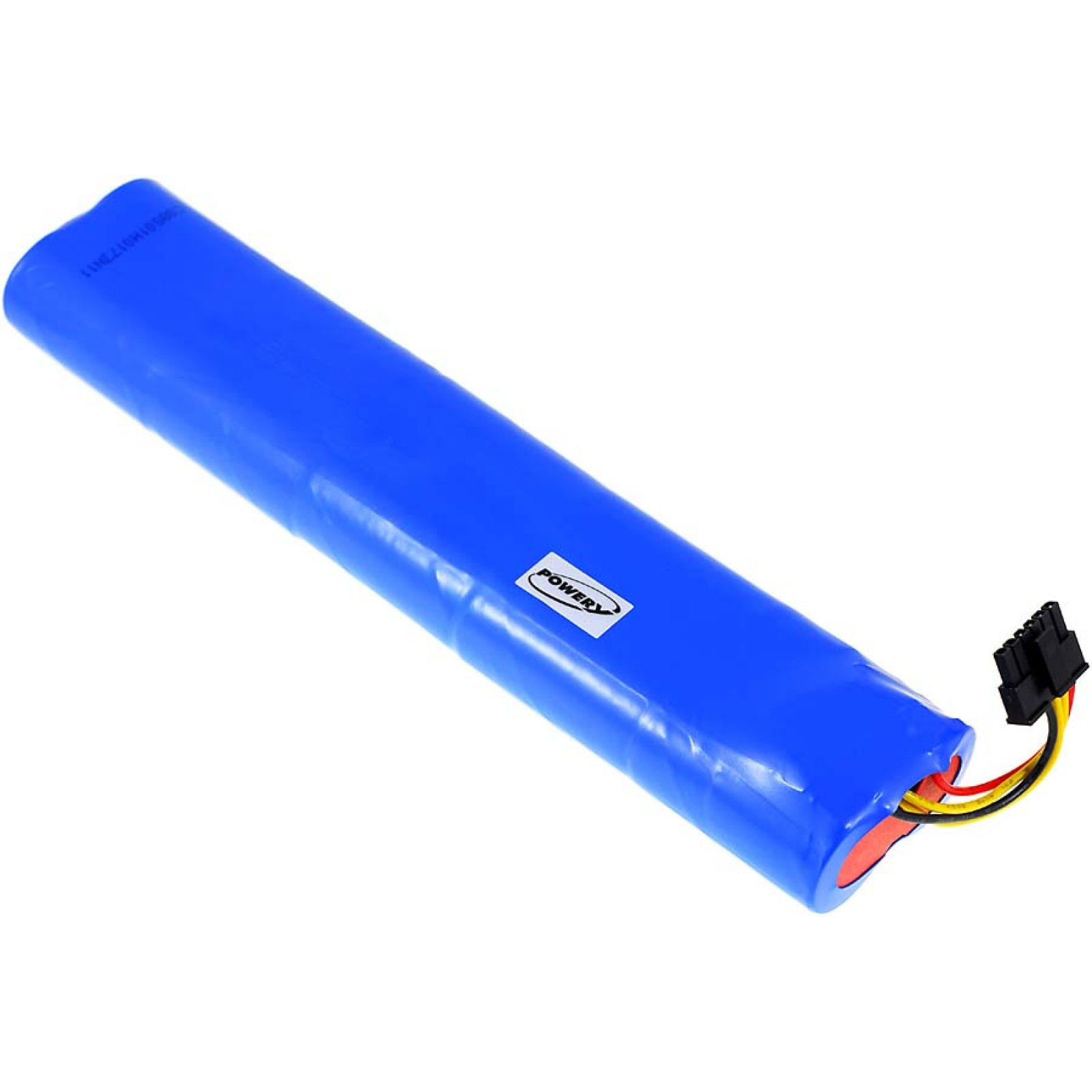 Ein blauer, zylindrischer Akku mit einem schwarzen Stecker und Drähten. Ein weißes PowerY-Logo ist sichtbar.
