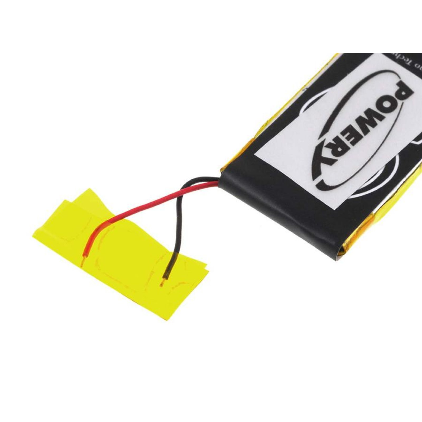 Una batería con conector amarillo y cables rojo/negro, con la marca 'POWERY' arriba, en primer plano.