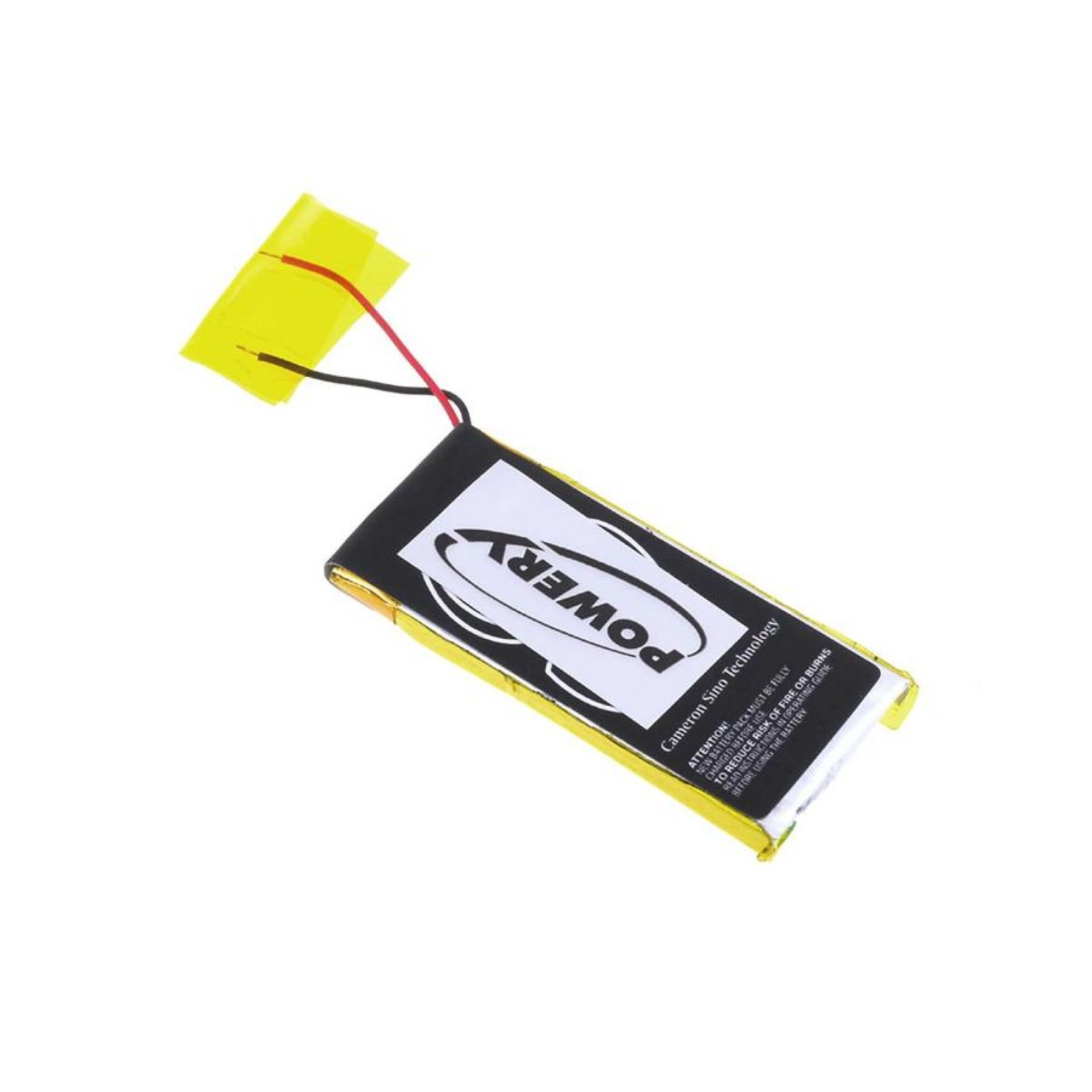 Una batería con una etiqueta blanca de Powery y cables. Un conector amarillo está conectado.