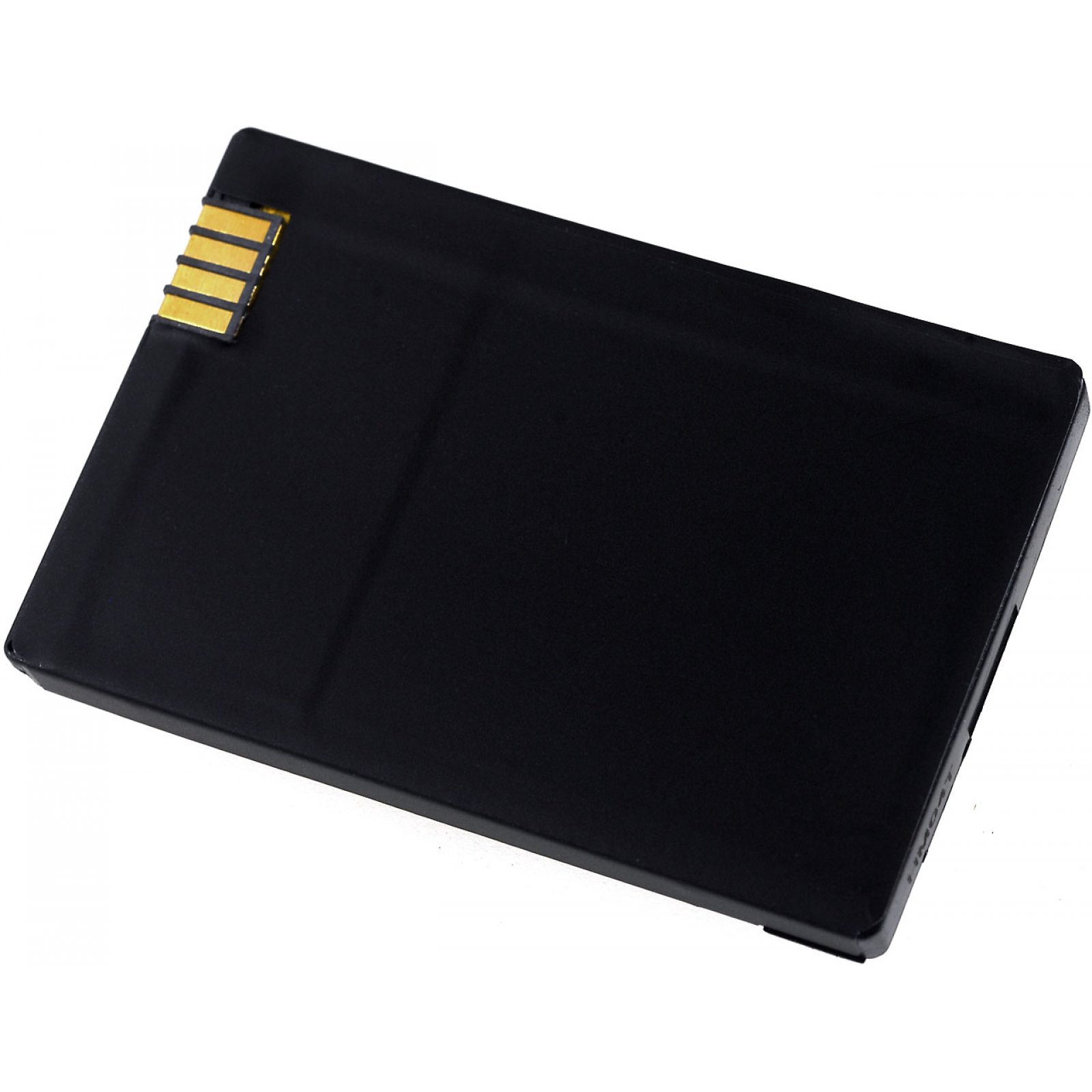Batería negra rectangular con contactos dorados. Primer plano sobre fondo blanco.