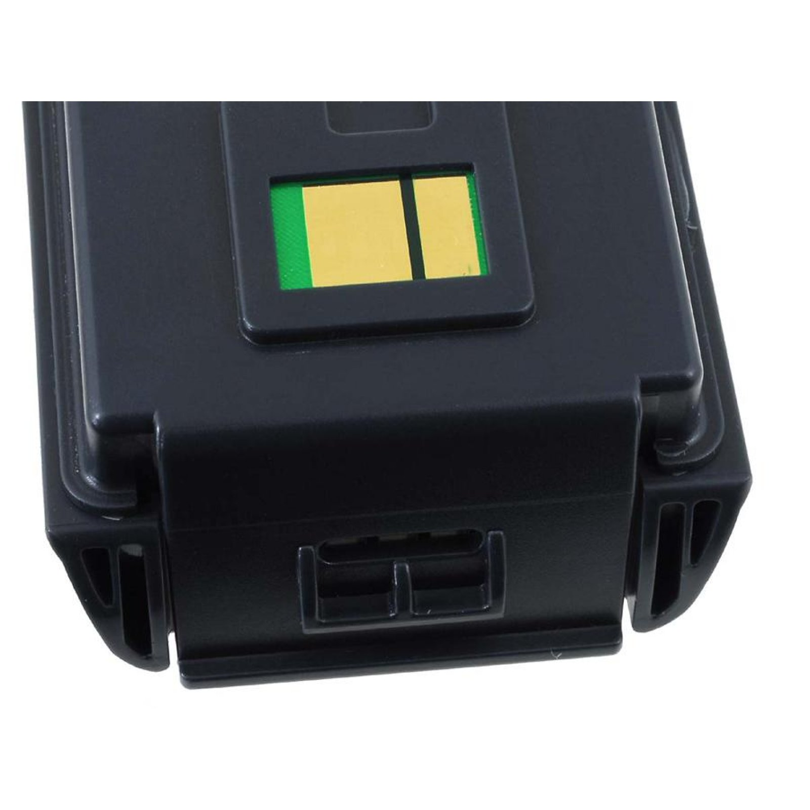 Pieza de dispositivo negra con elementos dorados y verdes.