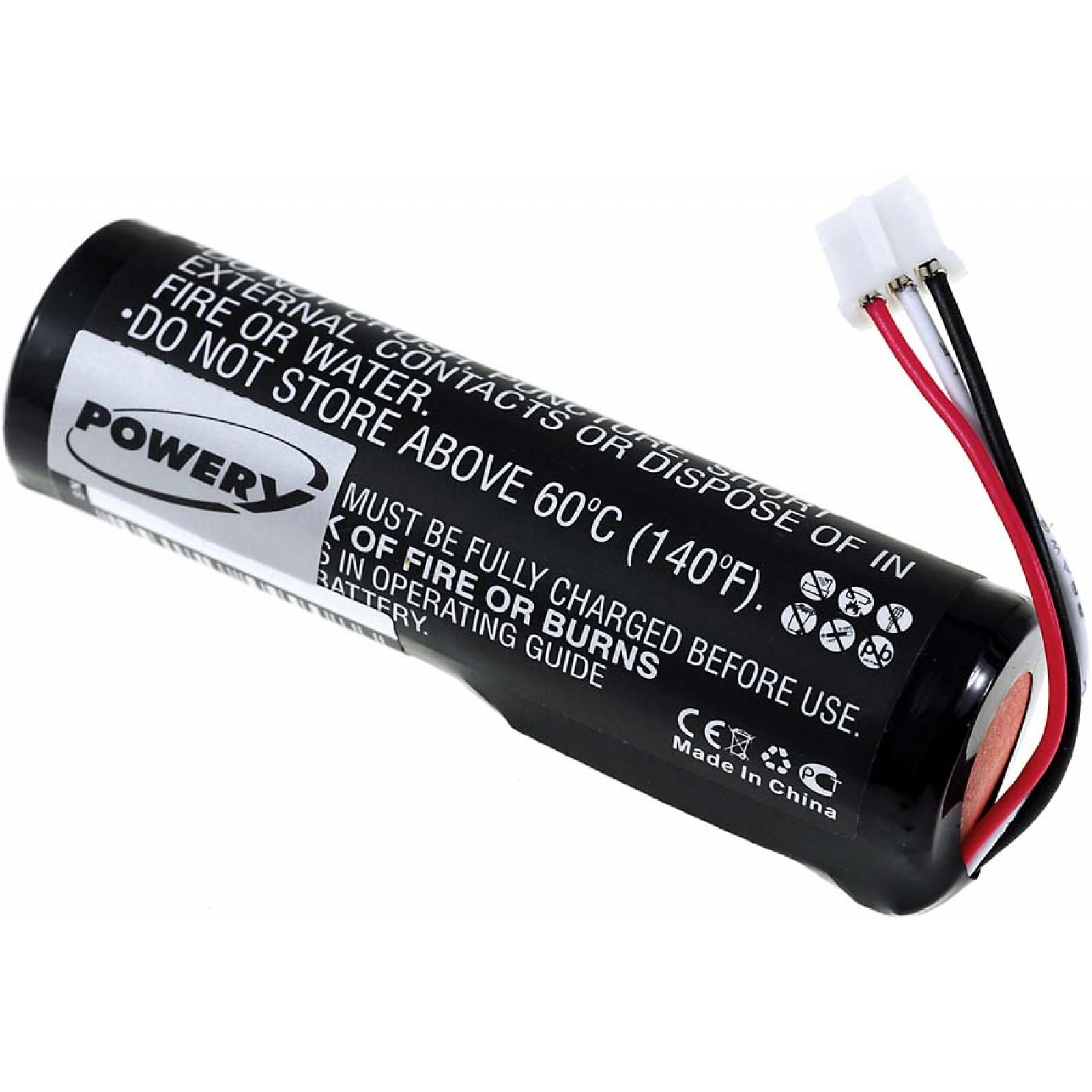 Una batería cilíndrica negra con texto blanco y un conector de cable rojo, blanco y negro.