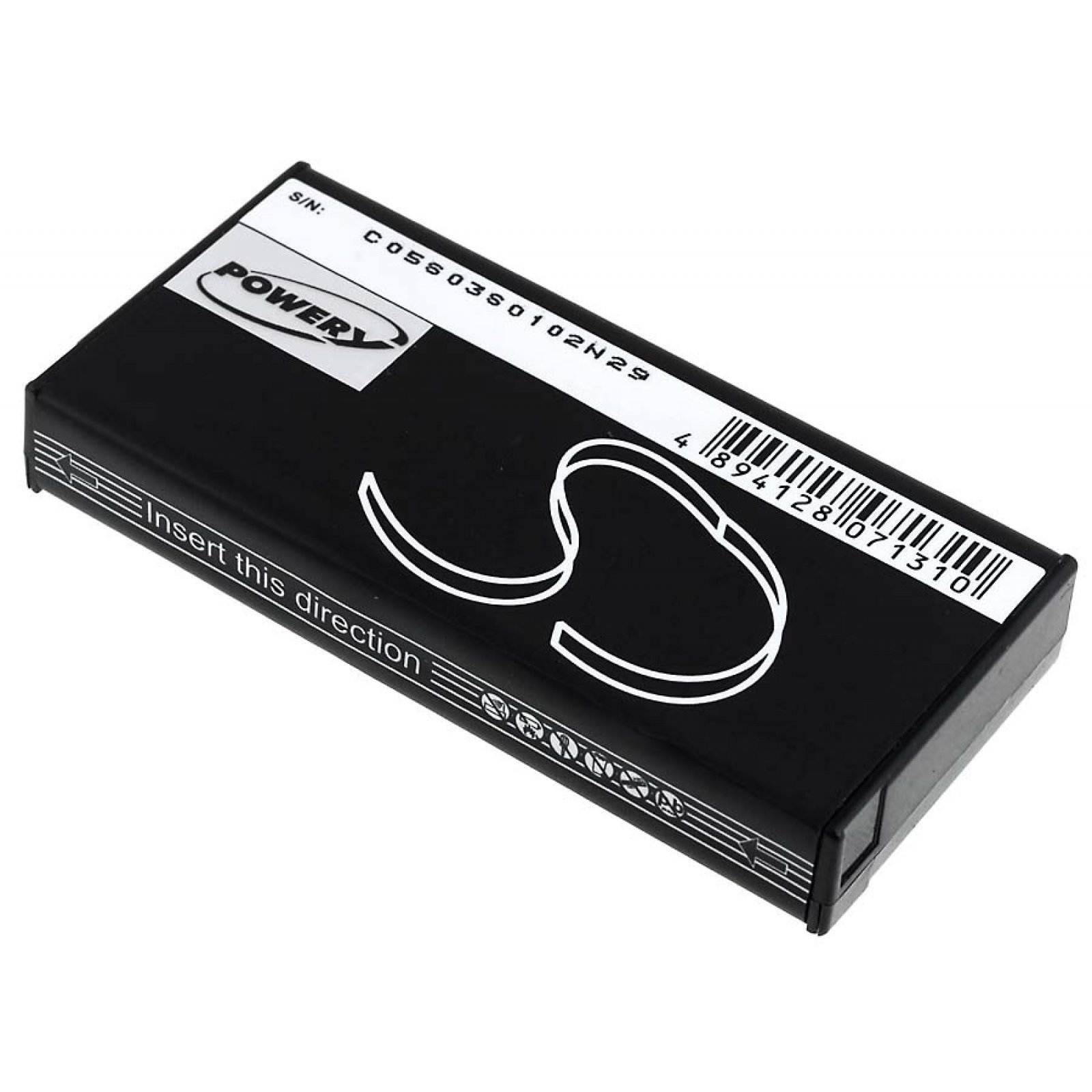 Batería negra con etiqueta blanca y texto que dice insertar en esta dirección. Es de forma rectangular.