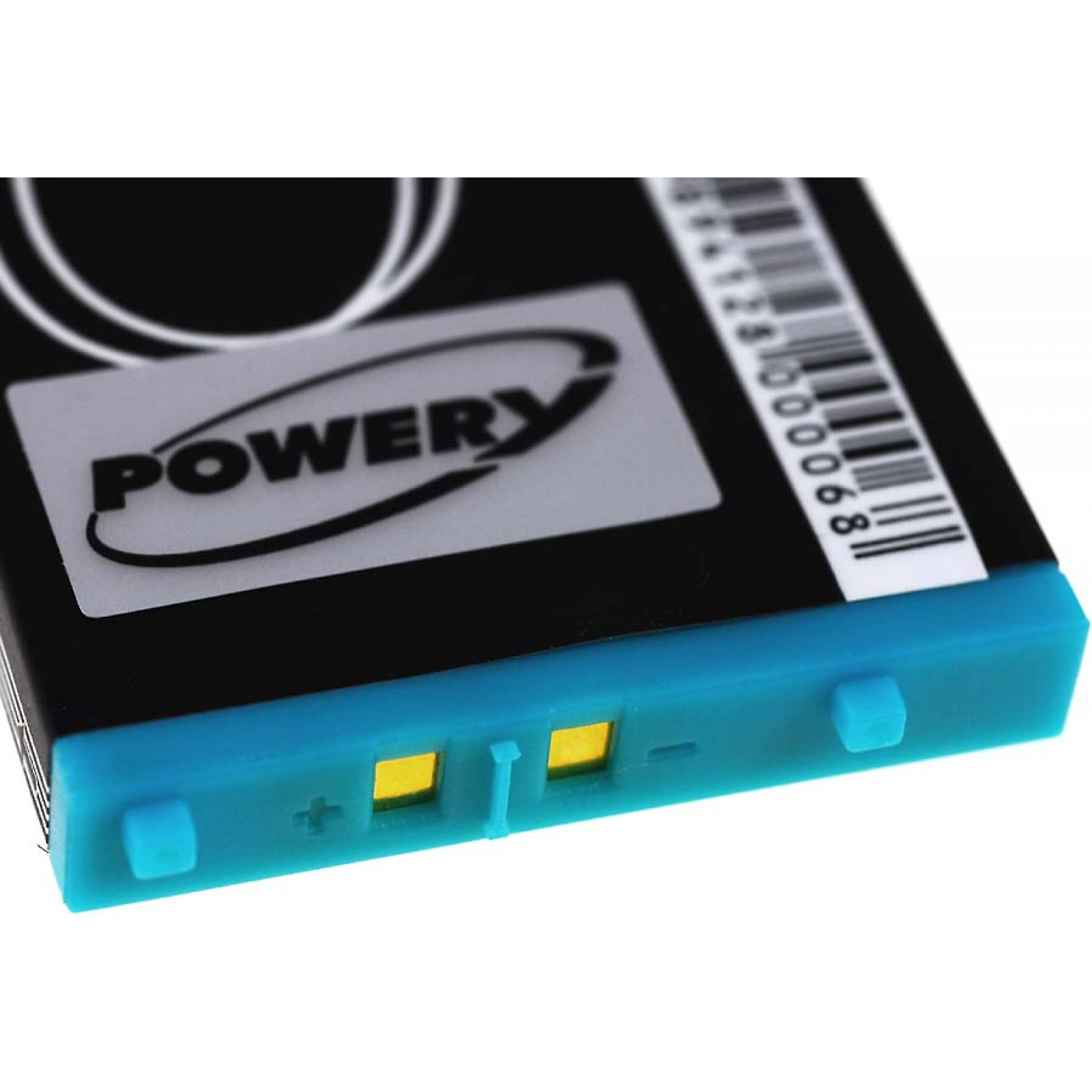 Un paquete de baterías negro y azul con contactos eléctricos, con la palabra 'POWERy' y un código de barras.