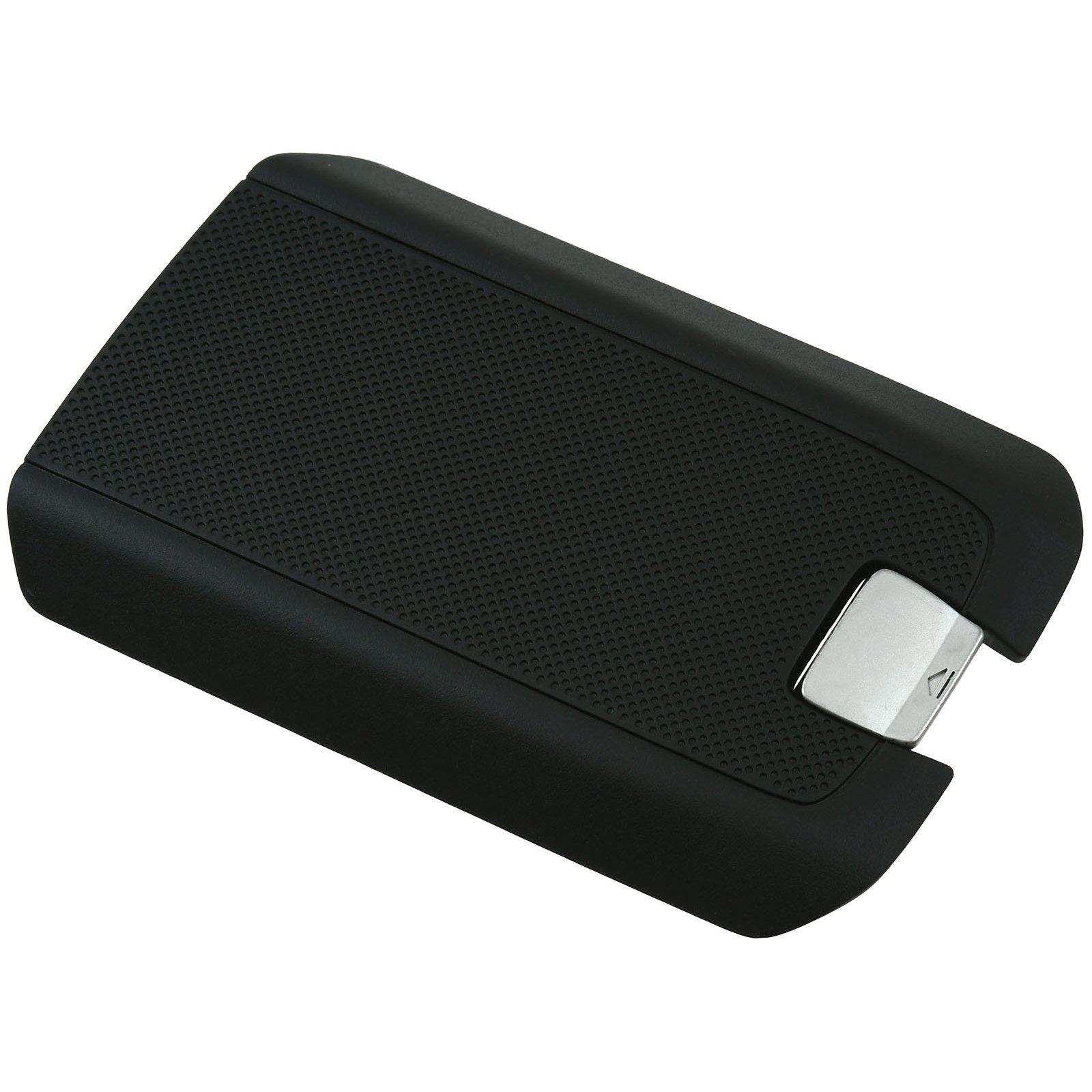 Dispositivo tecnológico negro con una parte superior texturizada y un botón plateado.