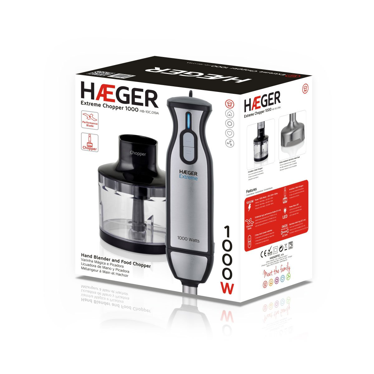 Blender ręczny w pudełku z rozdrabniaczem.