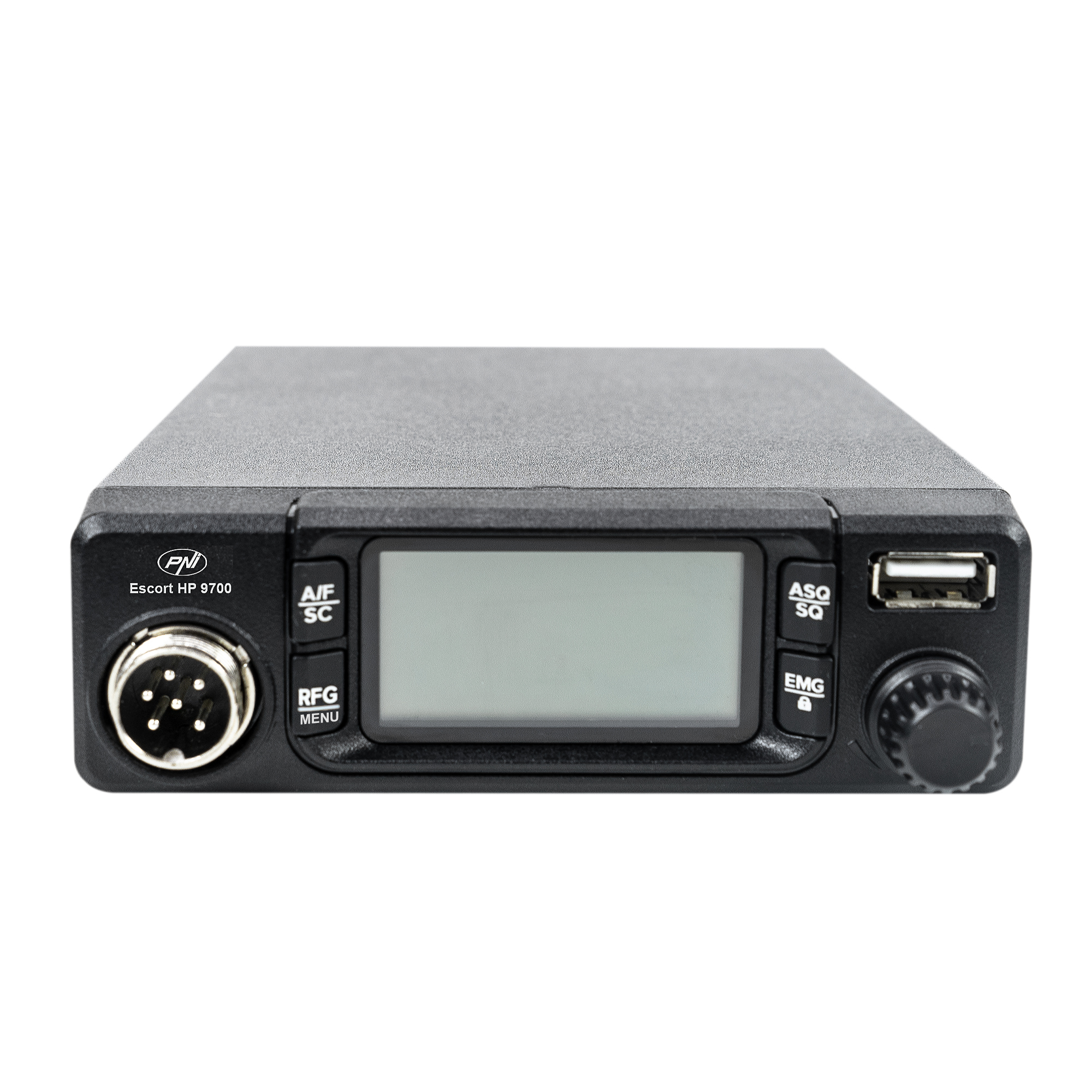 Una radio negra con una pantalla y botones. Tiene un puerto USB y un conector para antena.