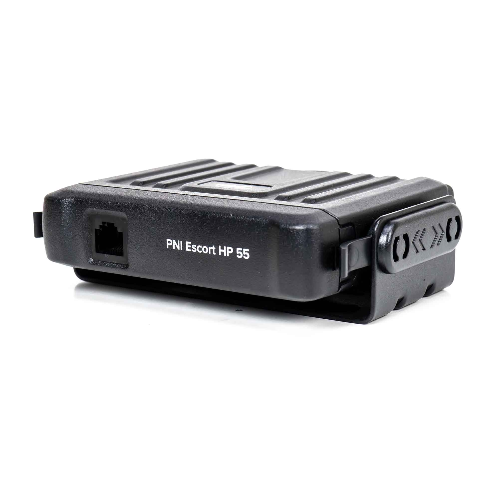 Ein schwarzes elektronisches Gerät mit dem Text "PNI Escort HP 55." Weißer Hintergrund.