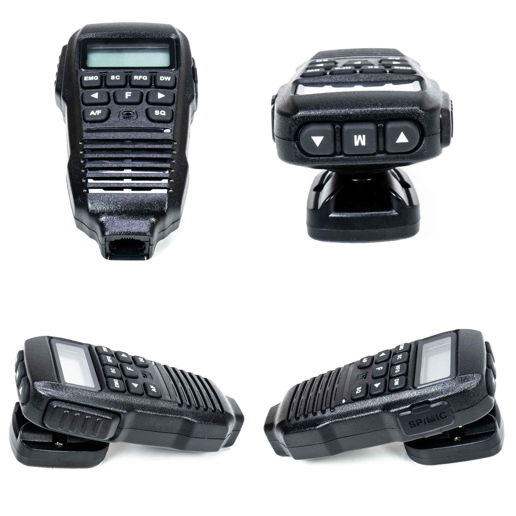 Vier Ansichten eines schwarzen Walkie-Talkies, die verschiedene Seiten und Winkel des Geräts zeigen.