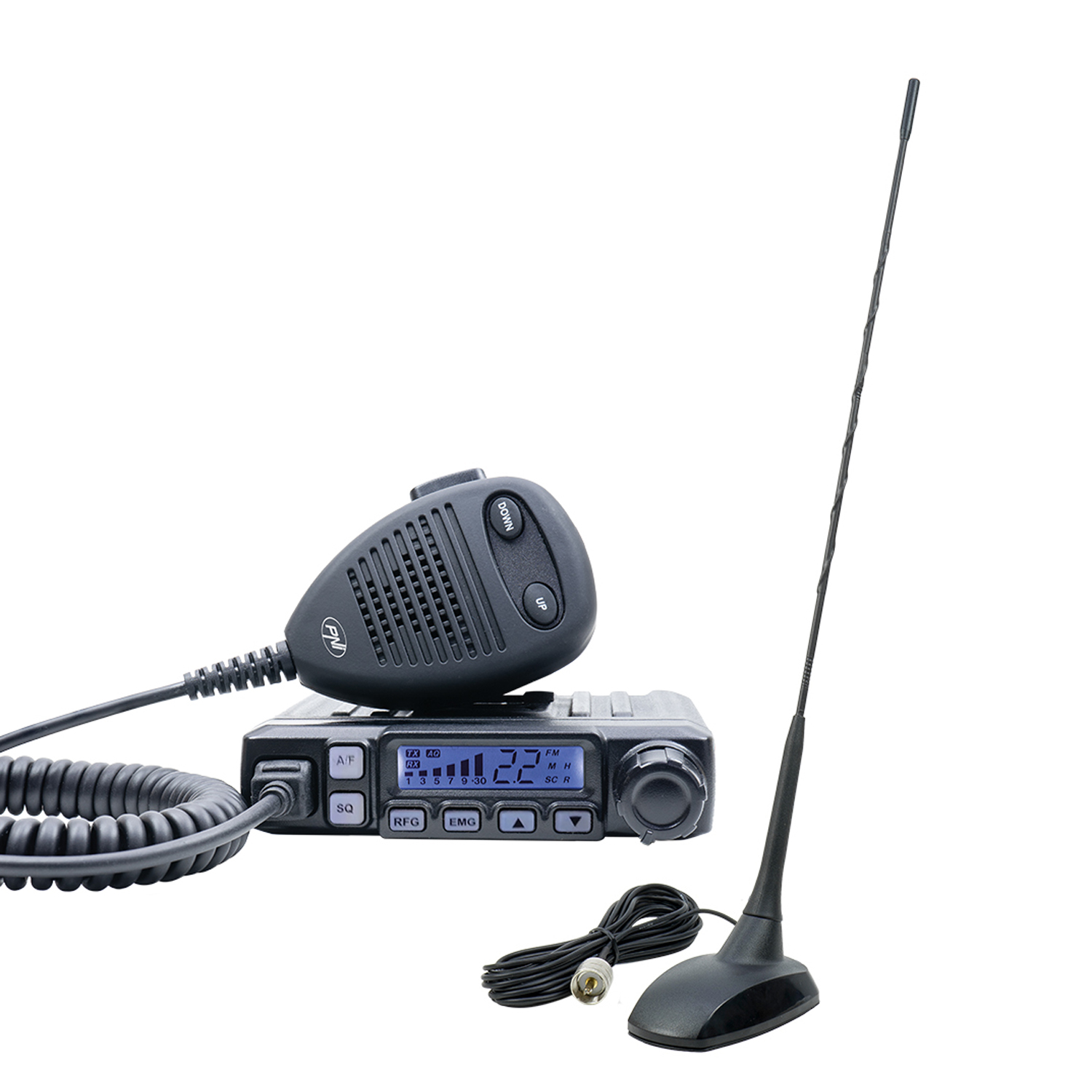 Ein CB-Funkgerät mit Mikrofon und Antenne. Schwarz und Silber mit weißem Hintergrund.