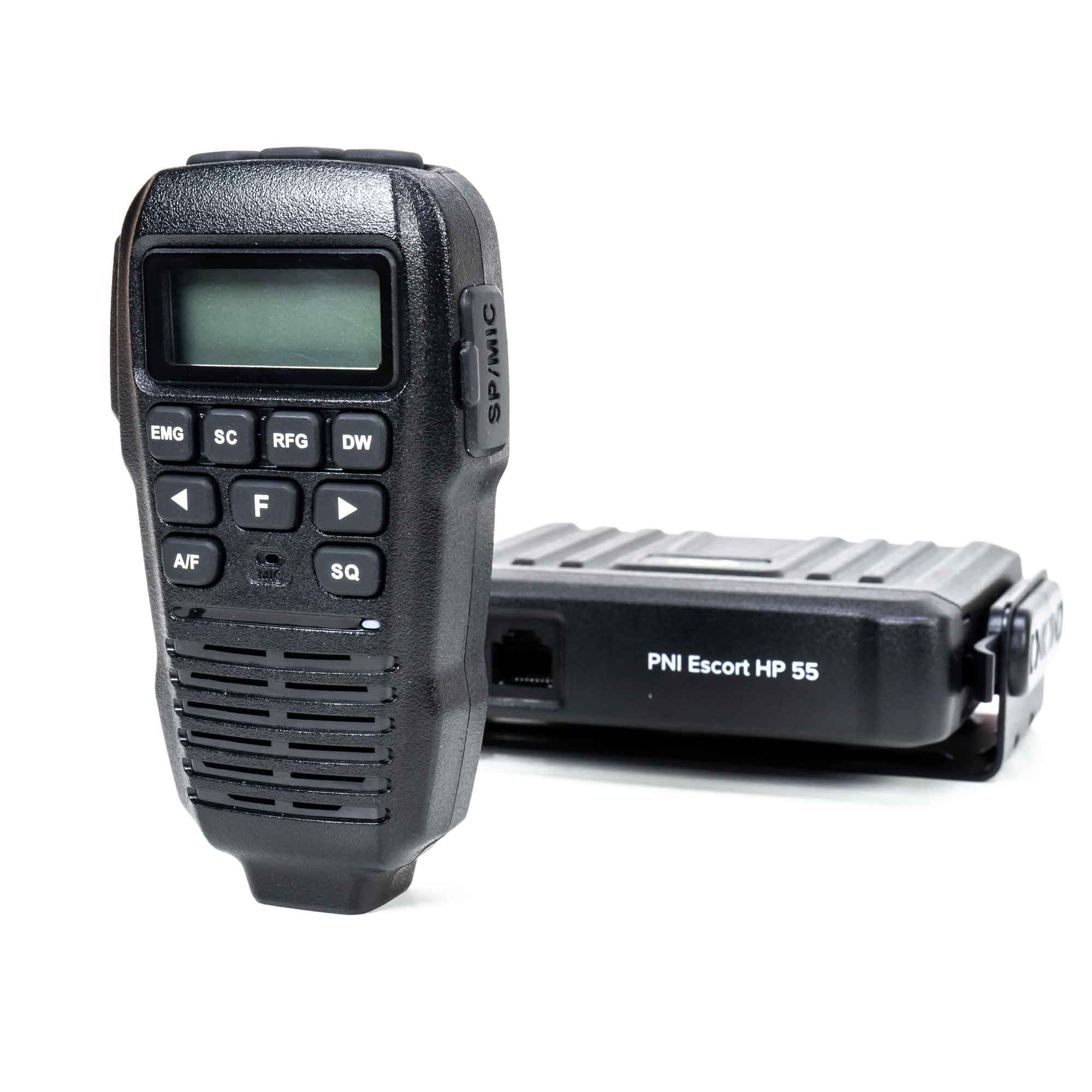 Schwarzer Funktransceiver mit Lautsprecher und Mikrofon. Hat Knöpfe und einen Bildschirm. Weißer Hintergrund.