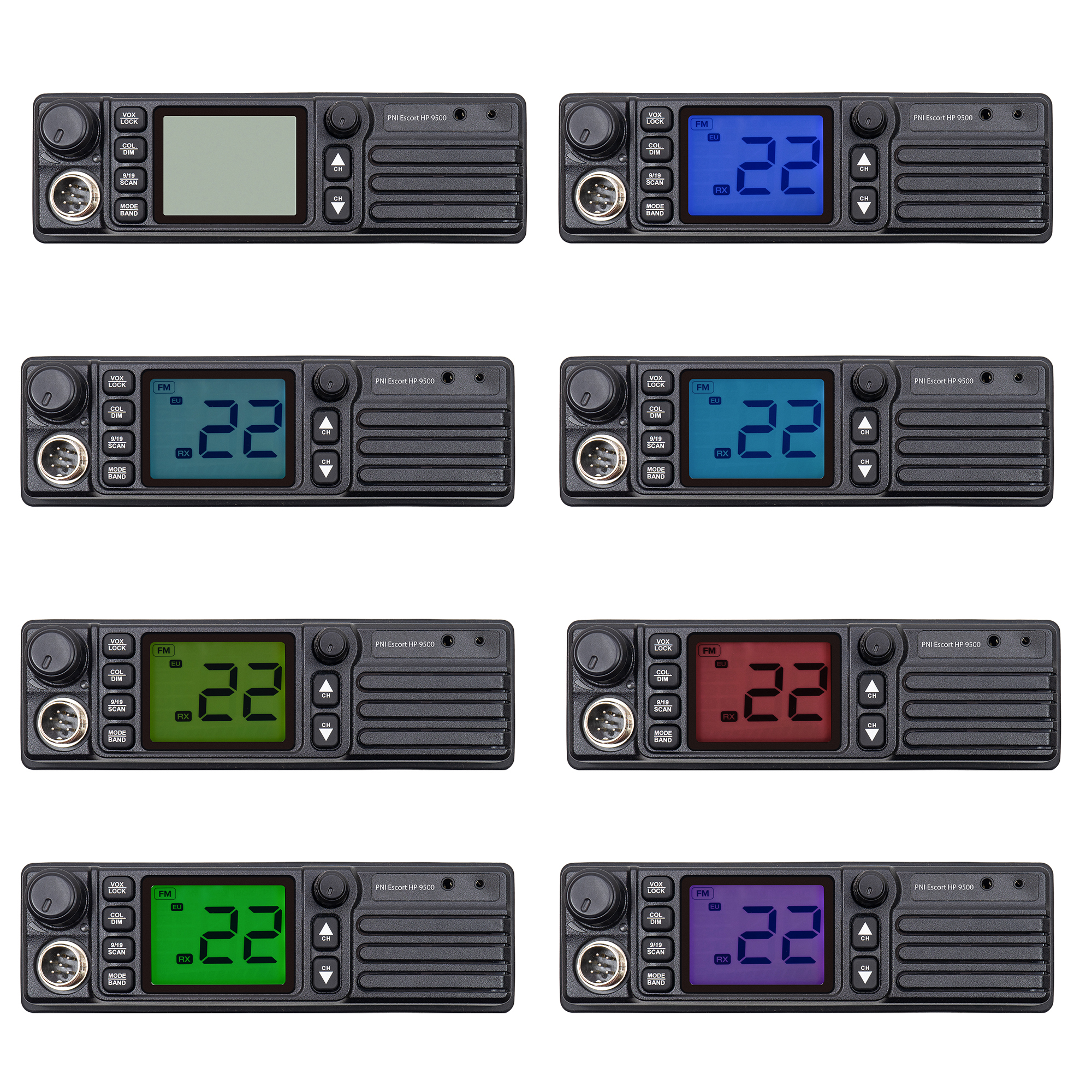 Eine Sammlung von CB-Funkgeräten mit verschiedenfarbigen Displays. Jedes Radio hat Knöpfe und Regler.