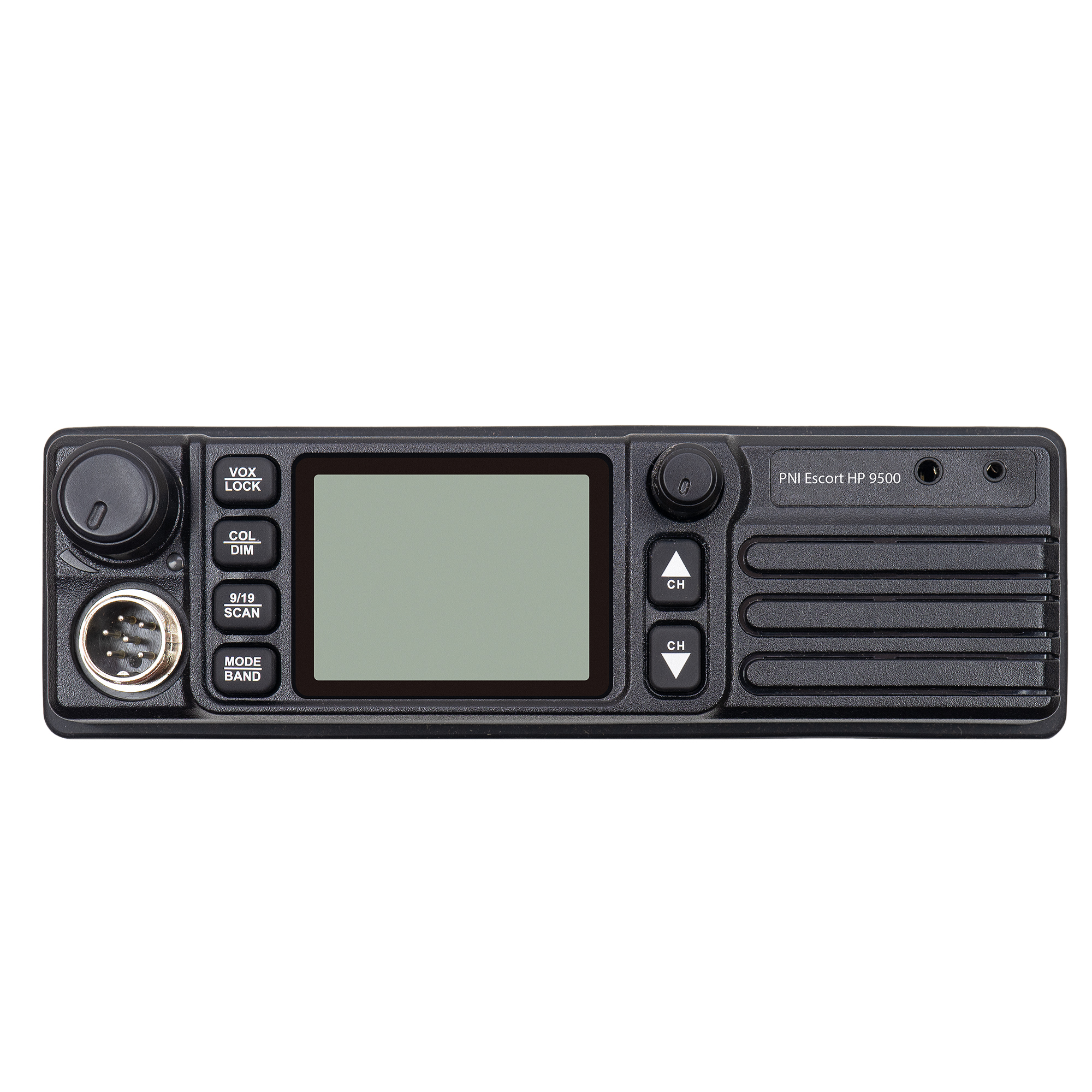 Schwarzer Funktransceiver mit Knöpfen, Display und Drehreglern. Modell PNI Escort HP 9500.