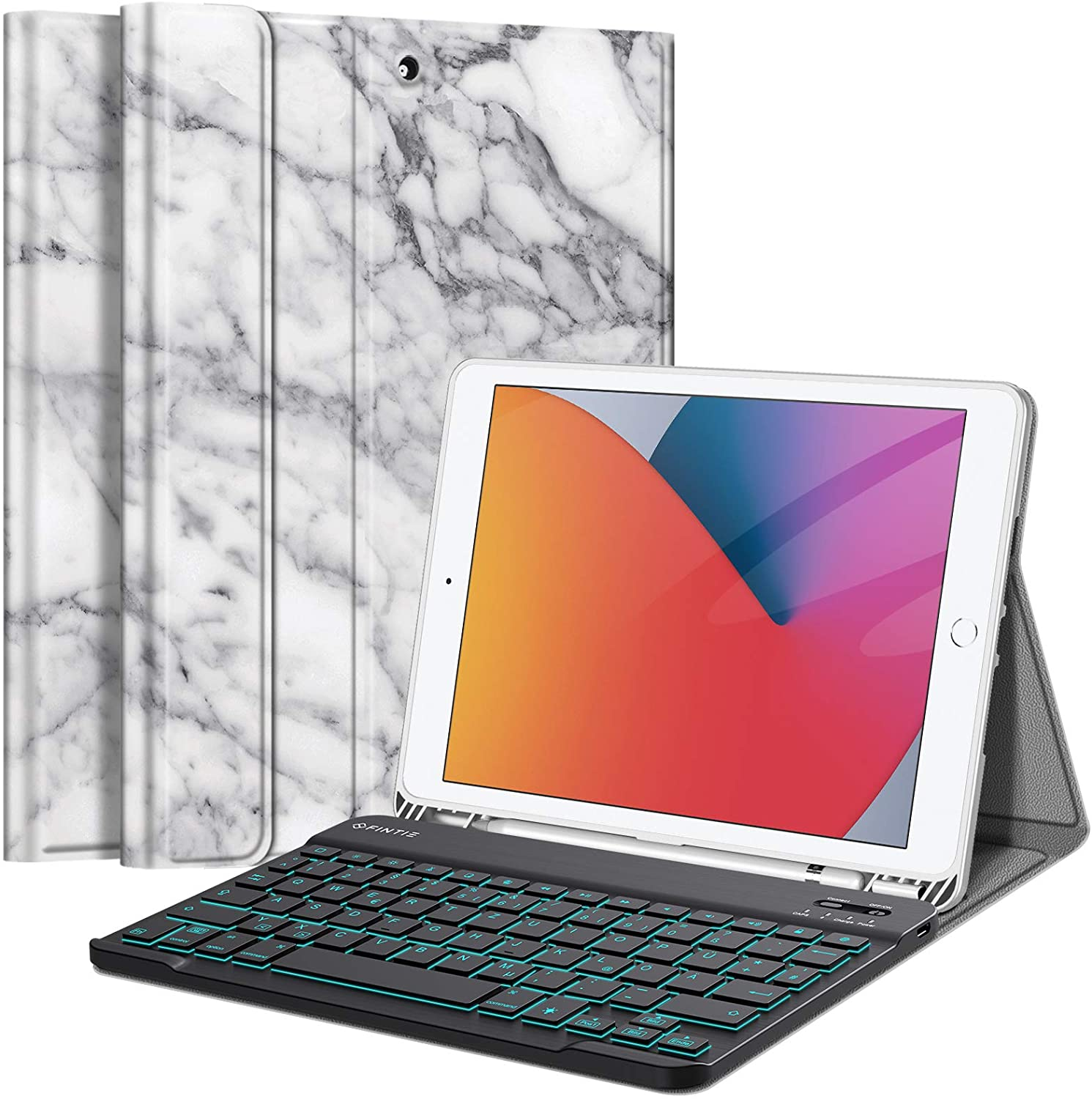 FINTIE Hülle + Tastatur, Bookcover, 10.2 (9. 2020/7. Weiß Apple, Generation 2021/8. 2019), iPad Gen Marmor Gen Zoll