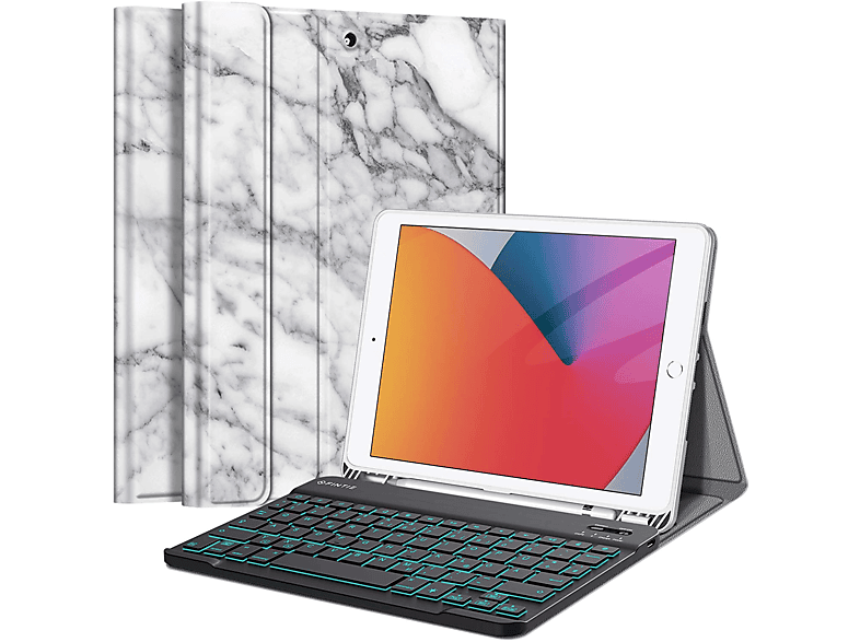 FINTIE Hülle + Tastatur, Bookcover, Apple, iPad 10.2 Zoll (9. Generation 2021/8. Gen 2020/7. Gen 2019), Marmor Weiß