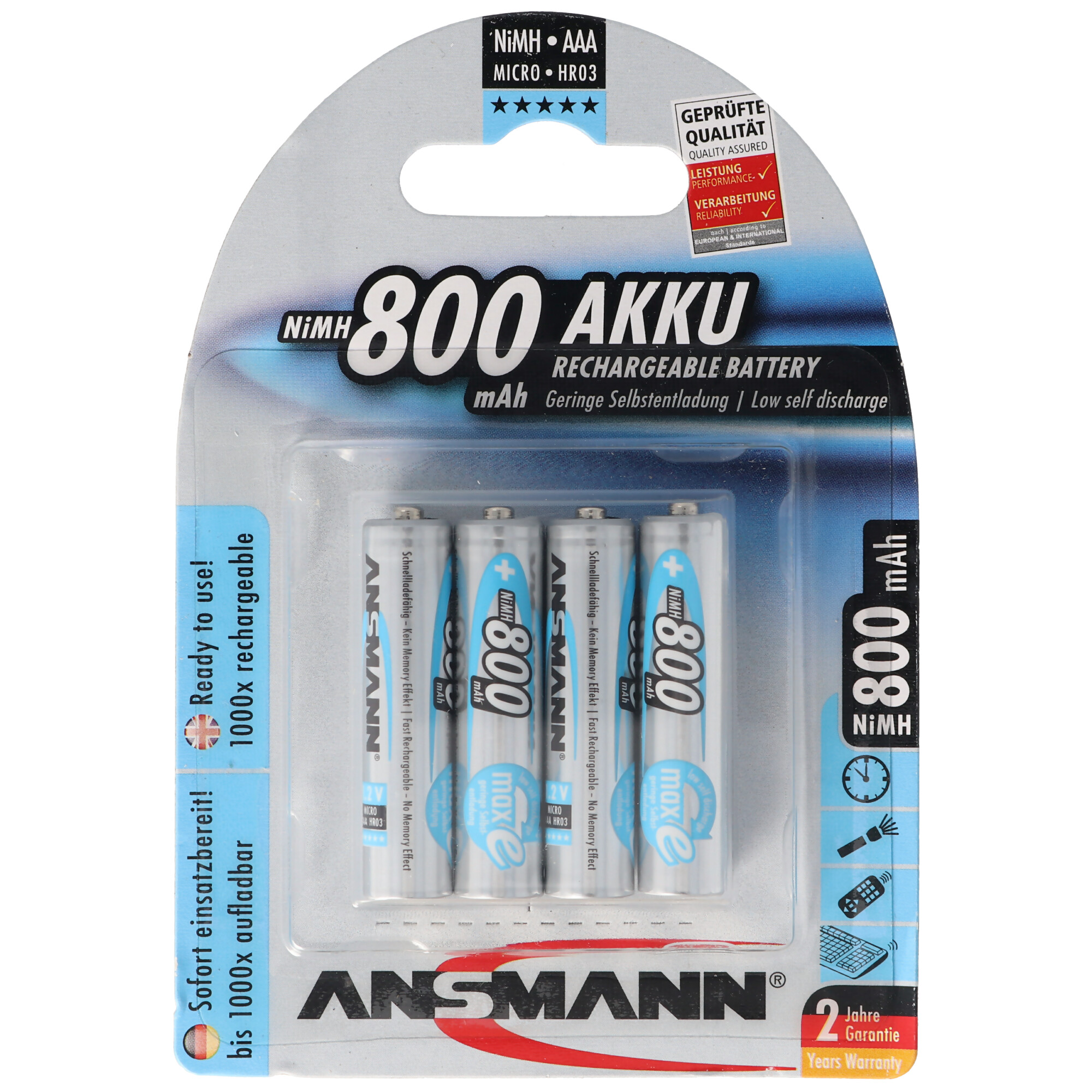 ANSMANN Ansmann maxE im NiMH Akku, Akku Blister Micro AAA 4er - Nickel-Metallhydrid mAh 800