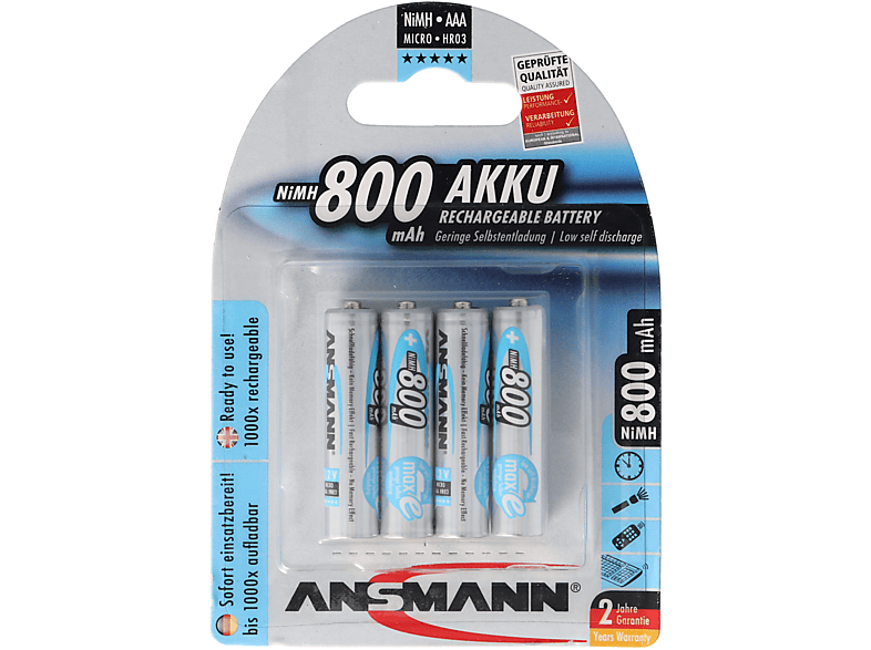 ANSMANN Ansmann maxE Micro AAA Akku im 4er Blister NiMH - Nickel-Metallhydrid Akku, 800 mAh
