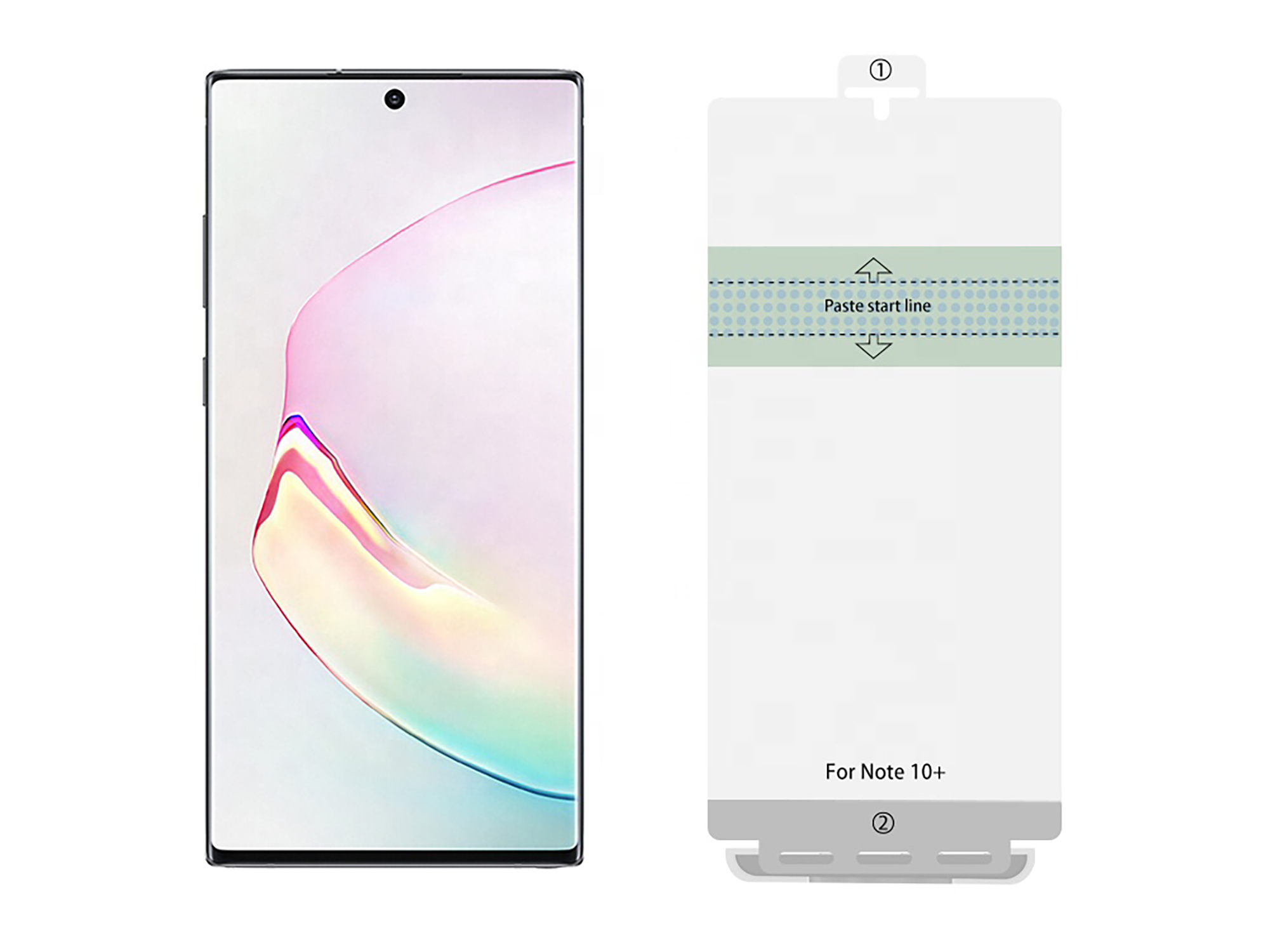 Smartphone mit Displayschutz. Telefon links, Schutz rechts, Text 'For Note 10+'.