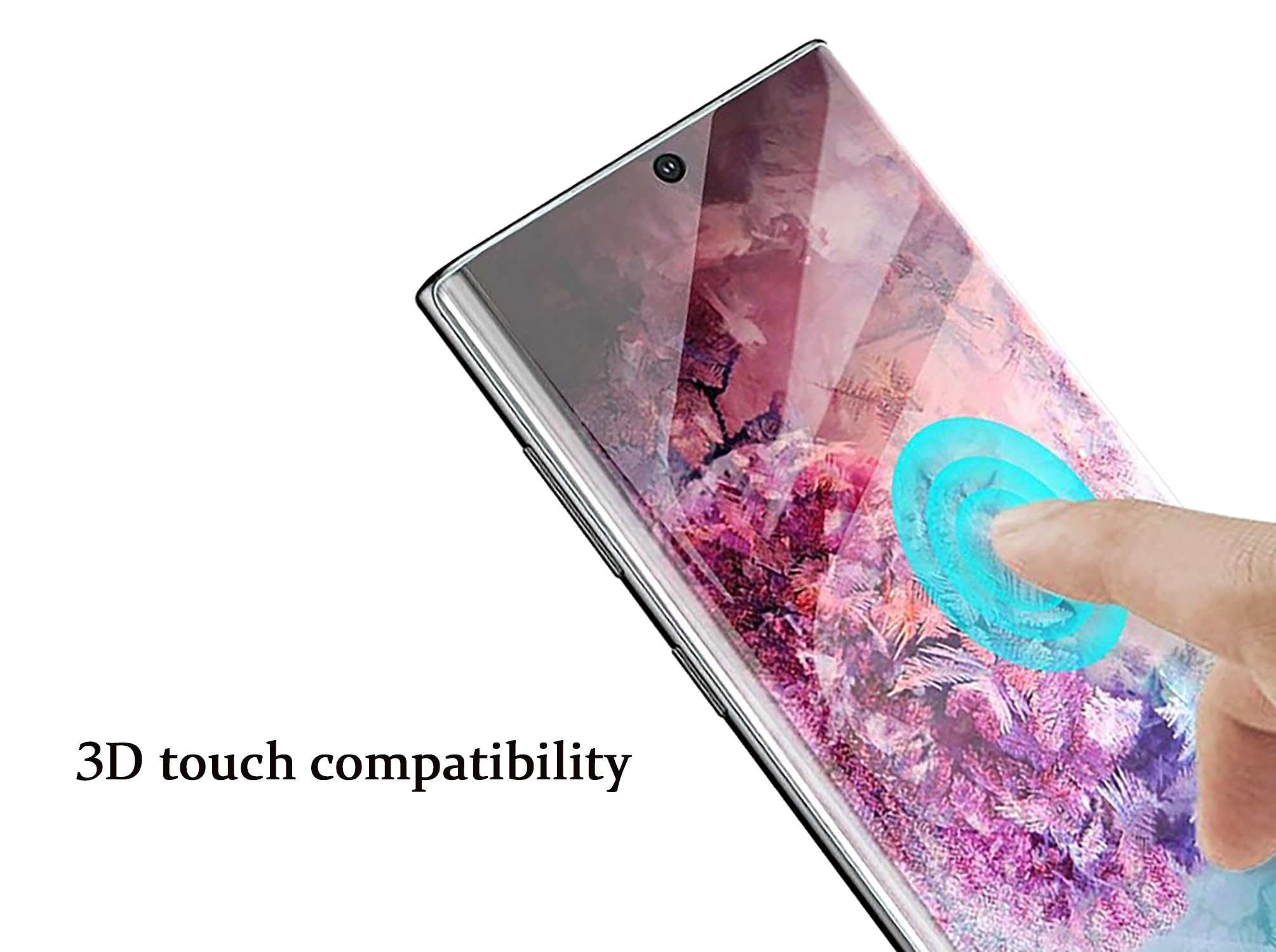 Ein Finger berührt einen Telefonbildschirm mit blauem Kreis, Text: 3D-Touch-Kompatibilität.