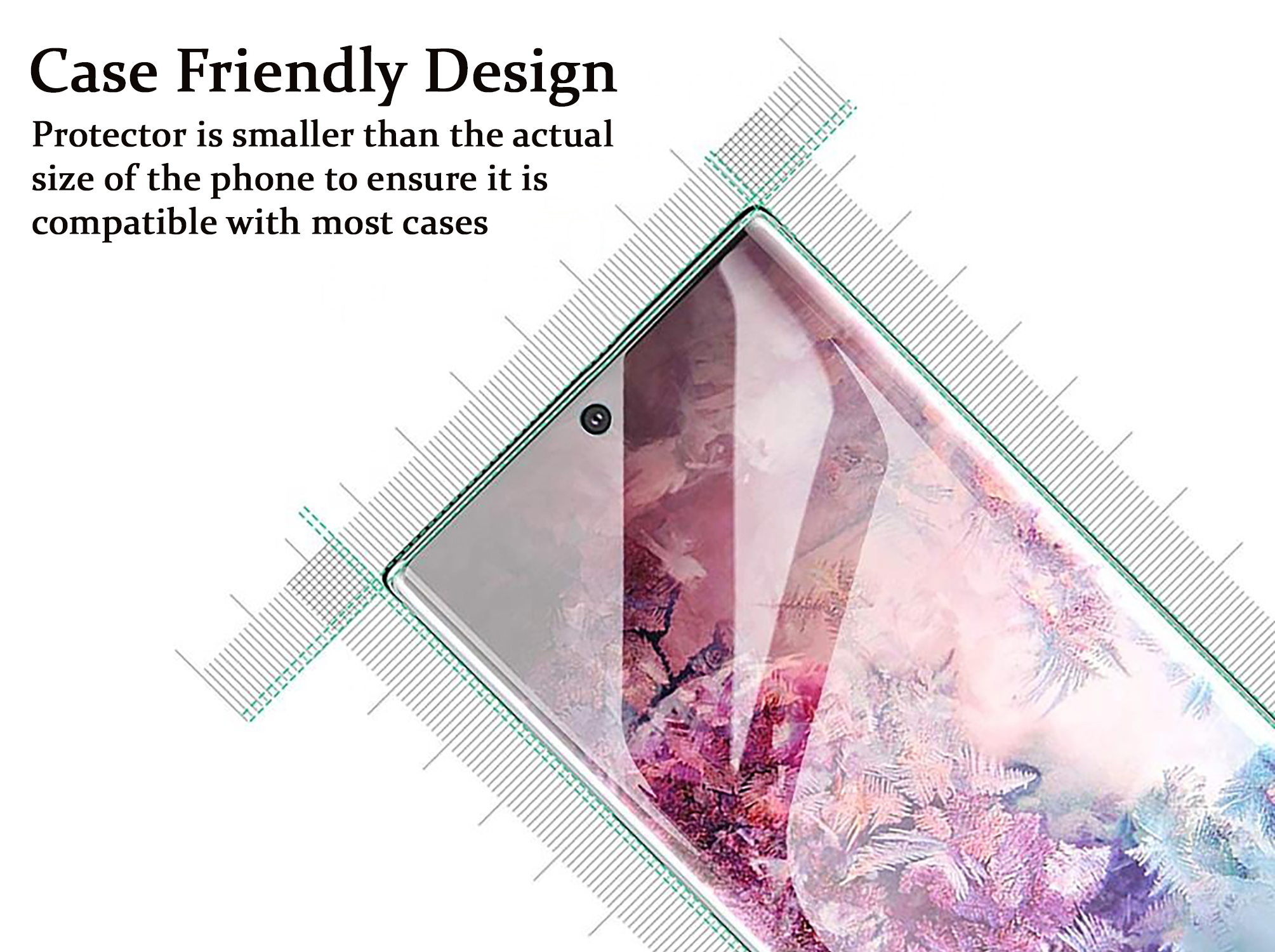 Telefonschutzfolie auf einem Telefon, zeigt ein farbenfrohes Blumendesign.