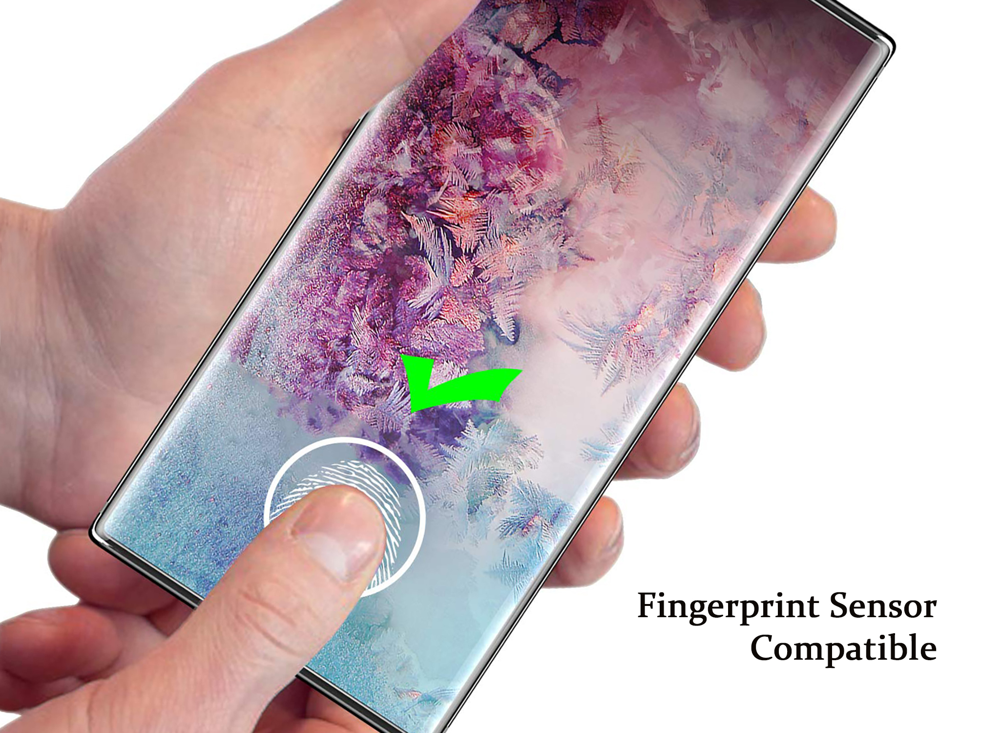 Hand berührt einen Telefonbildschirm. Ein Häkchen und ein Fingerabdrucksymbol sind sichtbar.