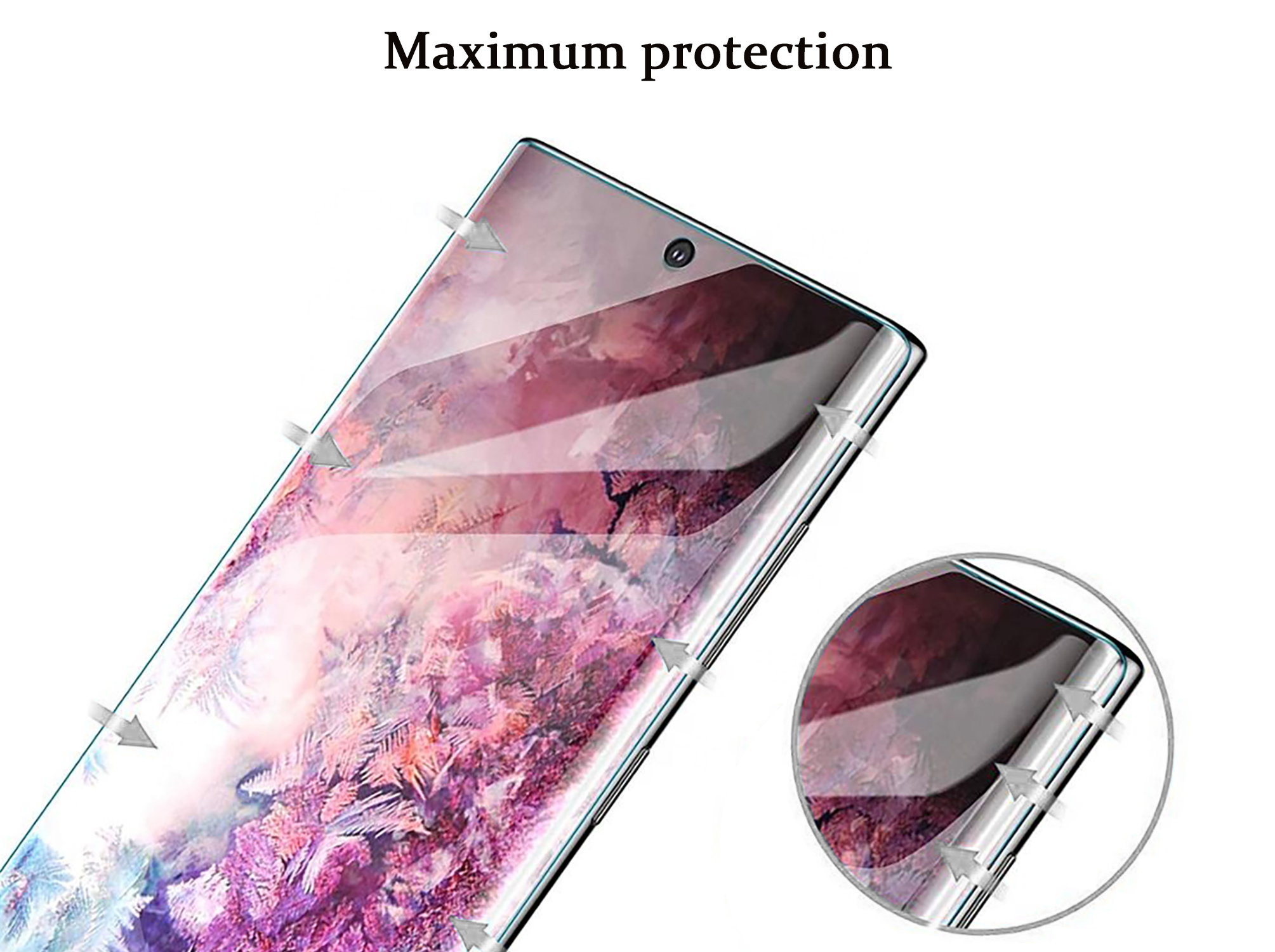 Displayschutzfolie auf einem Telefon. Text: Maximaler Schutz. Weißer Hintergrund.
