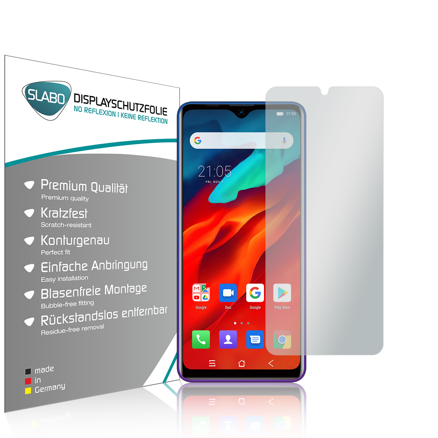Ein Smartphone mit Displayschutzfolie und dessen Verpackung mit Produktinformationen.