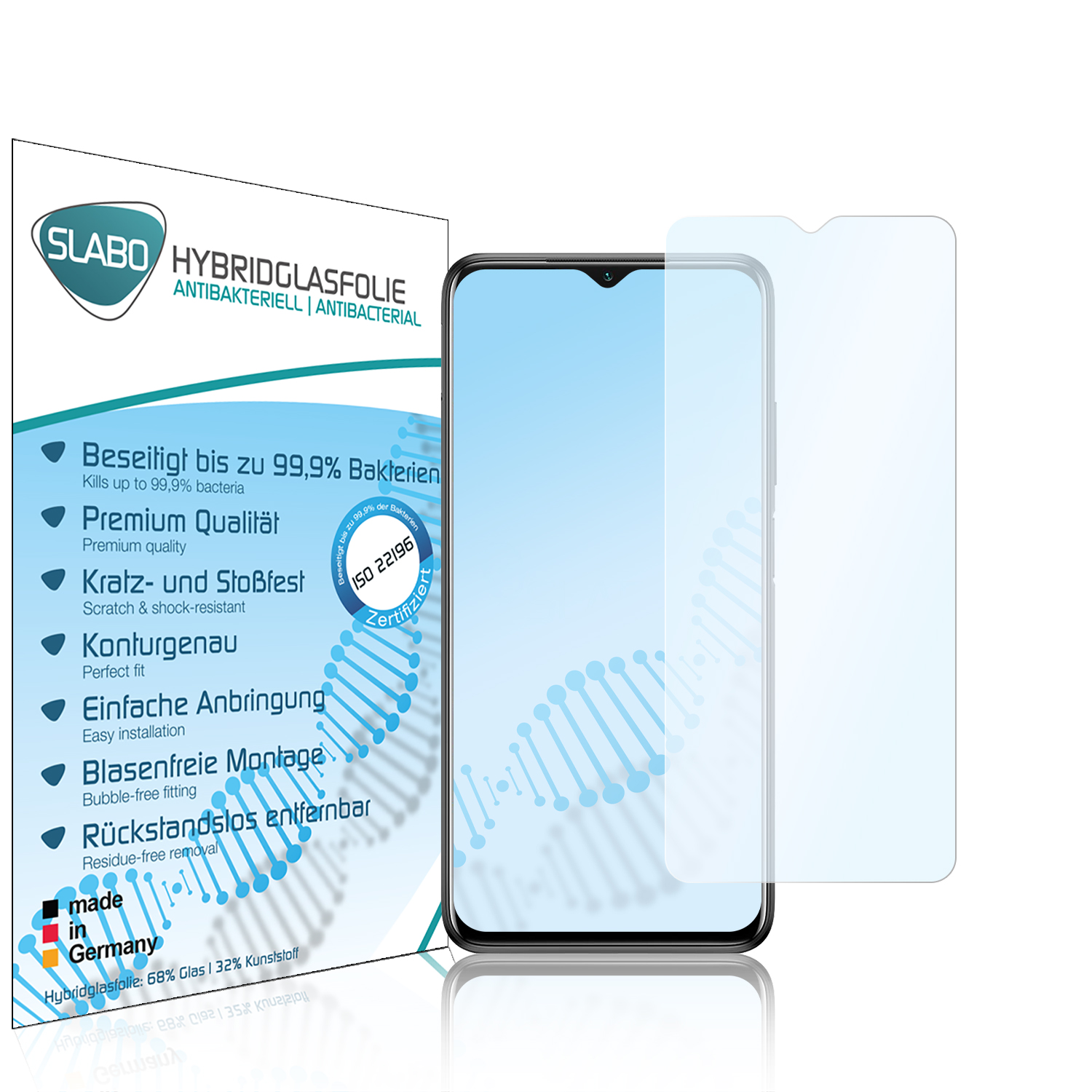 Ein Handyschutz mit Telefon und Informationen auf der Verpackung.