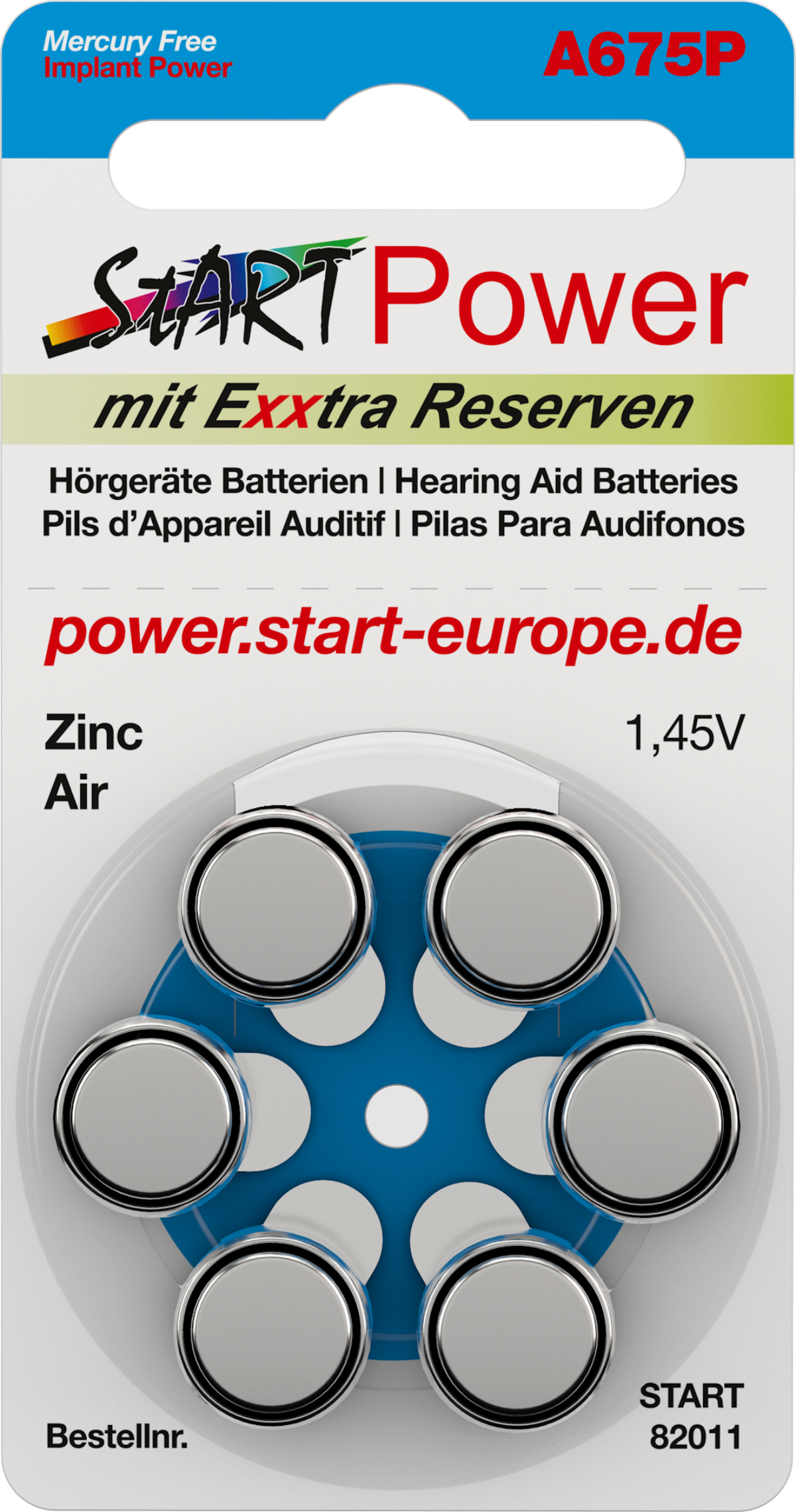 - Typ Batterien Hörgerätebatterie, Volt, - Cochlea für - 1.45 Implantate PR44P Zink-Luft 60 A675P 550mAh CI START