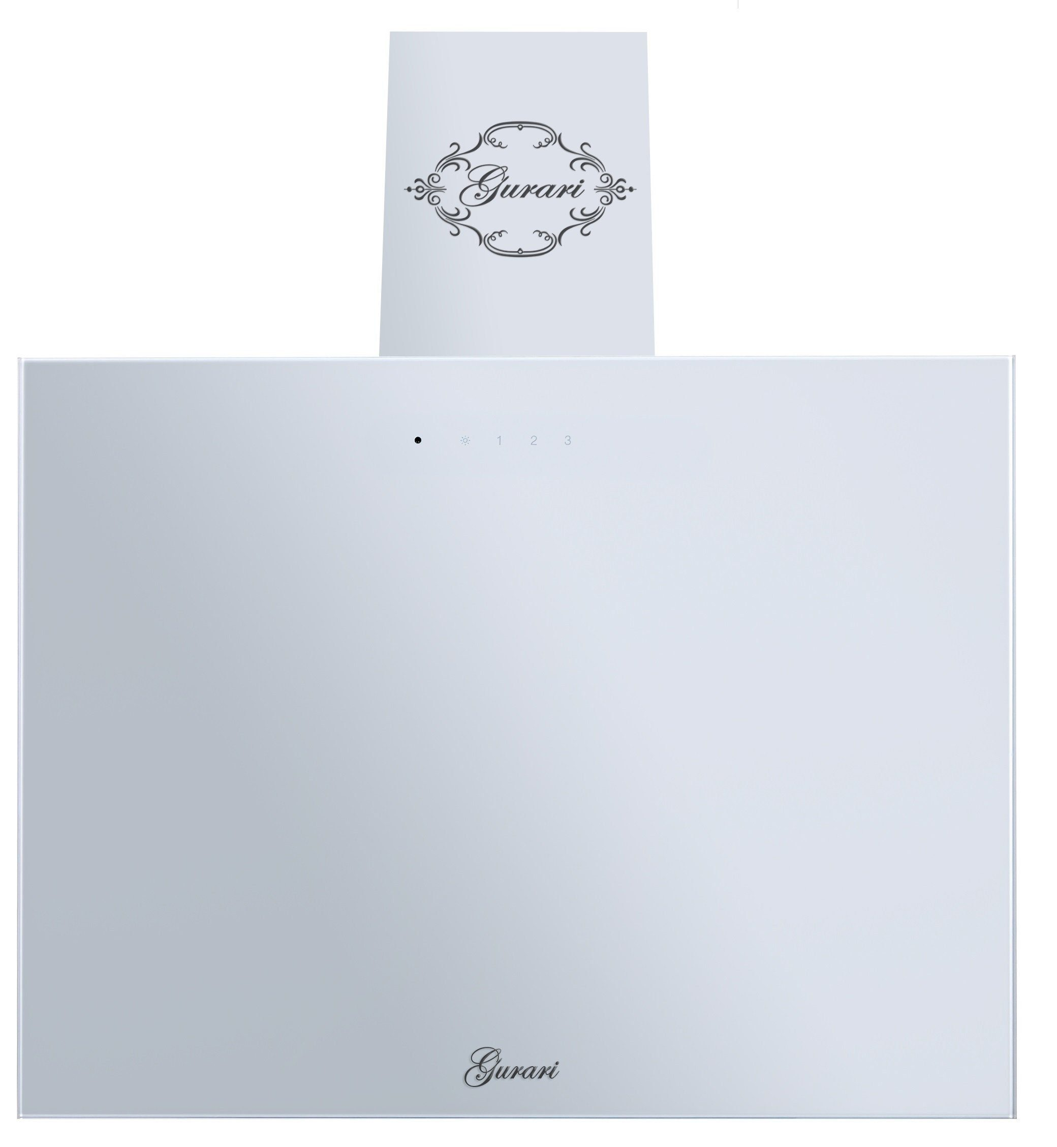 Una campana extractora de cocina blanca con el logotipo 'Gurari' en la parte superior e inferior.