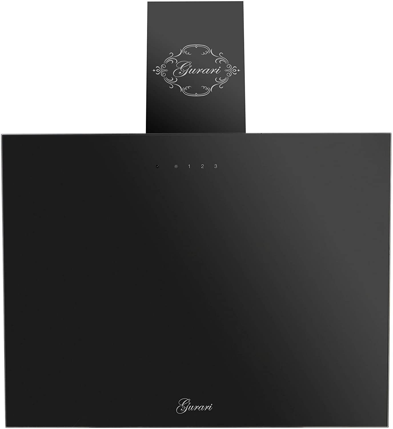 Una campana extractora negra. Tiene un logotipo y tres botones, con un fondo negro.